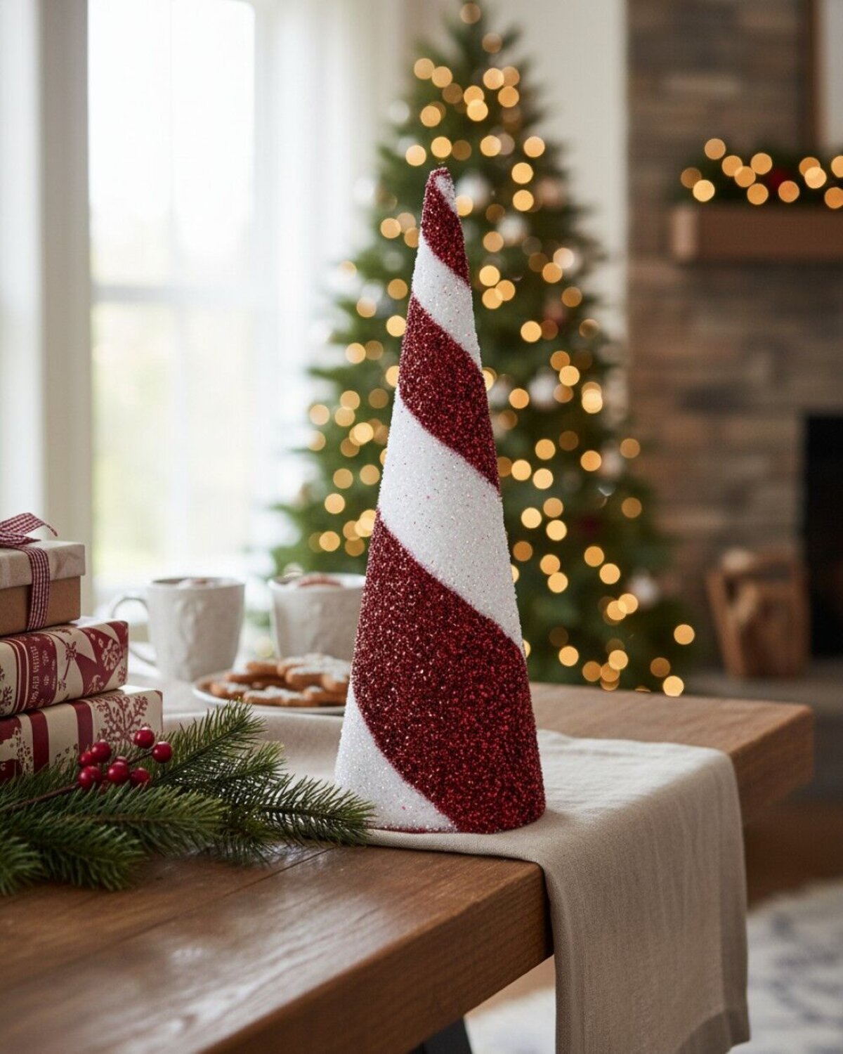 Red & White Swirl Christmas Tabletop Conical Tree Tinsel Plaque | 44cm — image 2