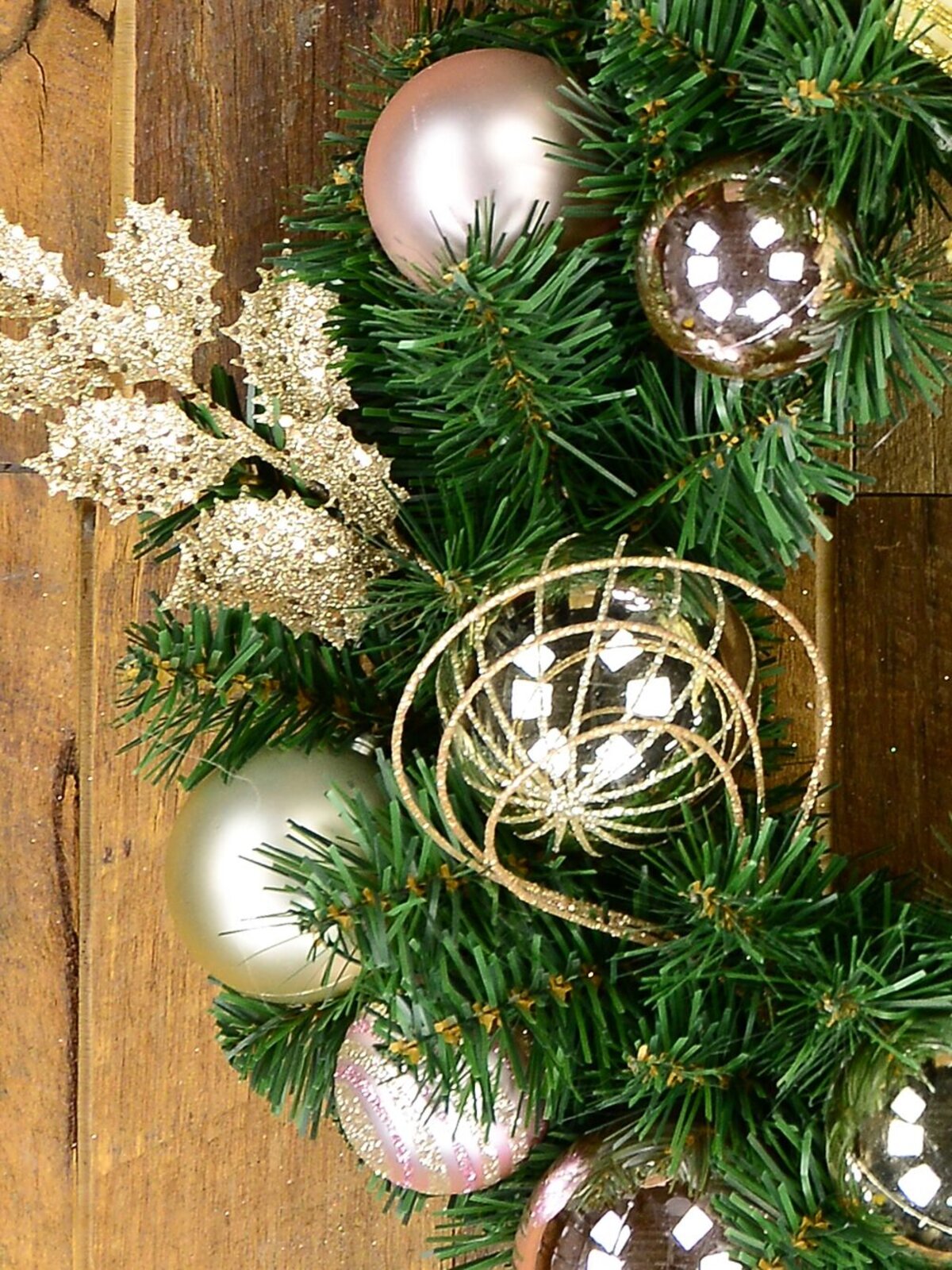 45cm Champagne & Pink Bauble, Holly Leaf & Whisker Loops Fir Wreath — image 3