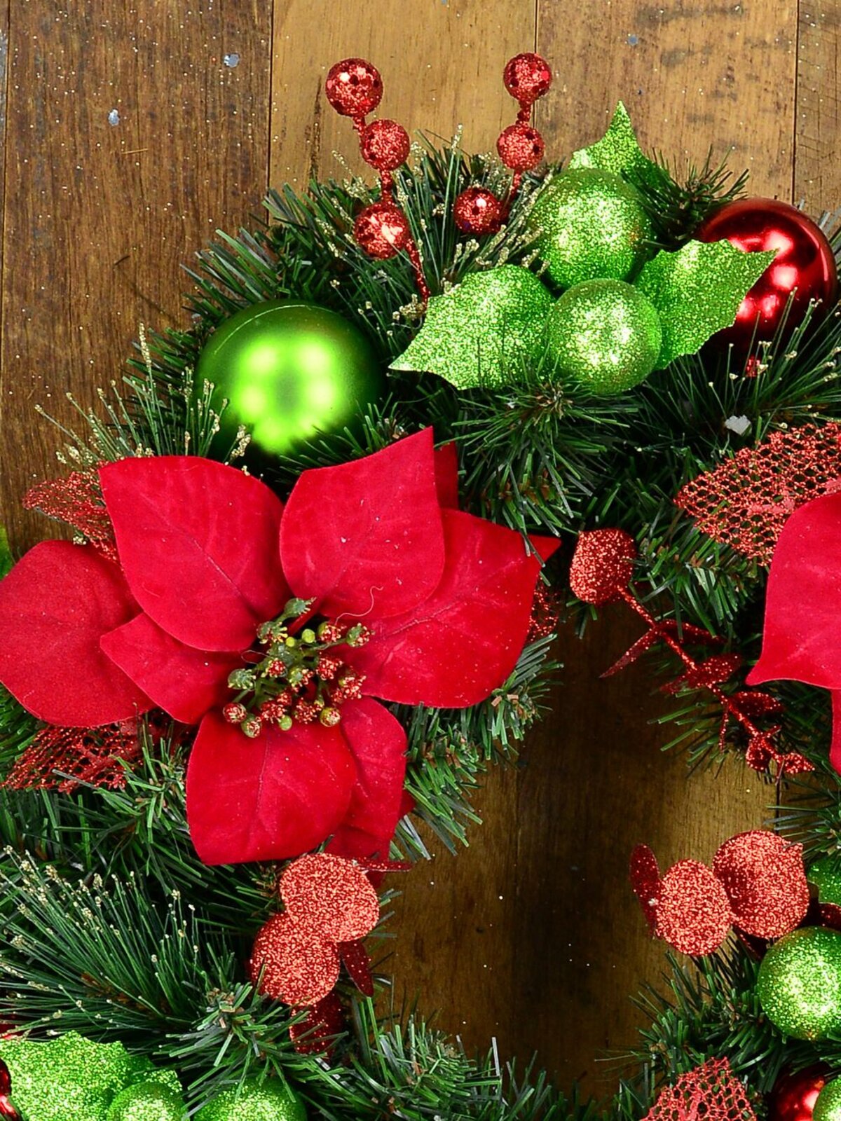 45cm Decorated Spruce Pine Wreath With Poinsettias, Mixed Foliage & Baubles — image 3