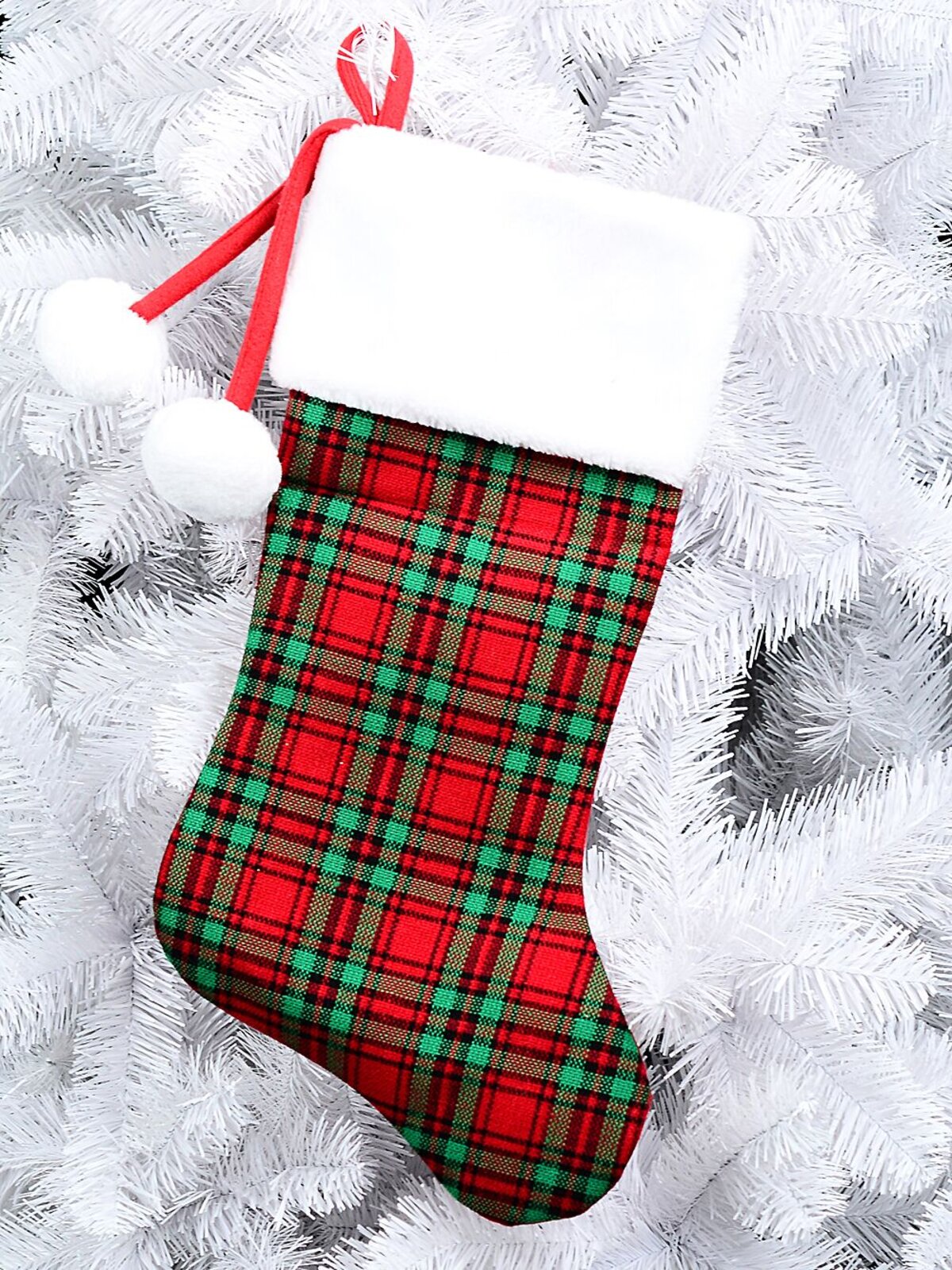 48cm Red & Green Tartan Stocking With White Cuff & Pom Poms — image 2
