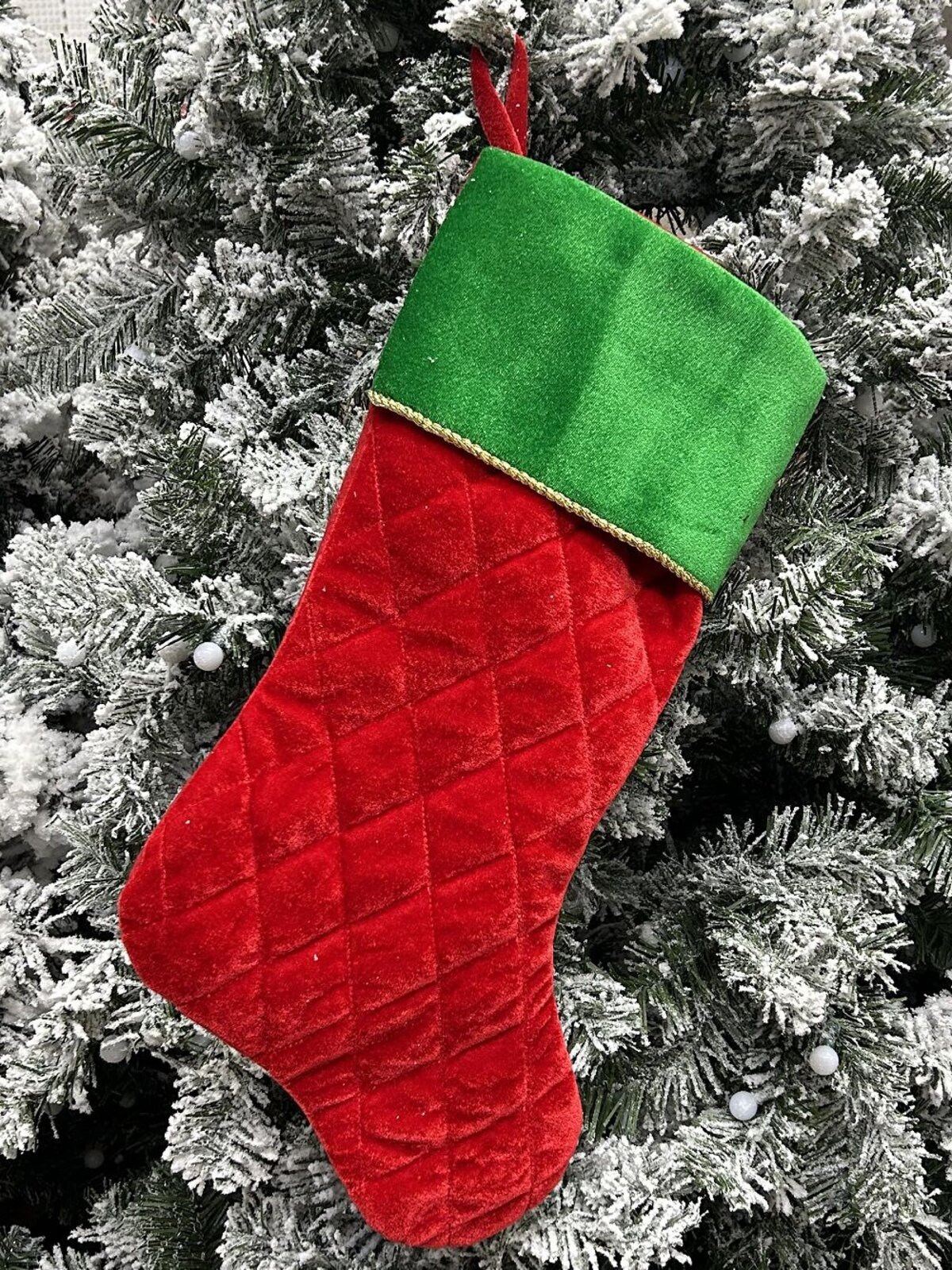 48cm Red Quilted Velvet Christmas Stocking With Green Cuff & Gold Cording