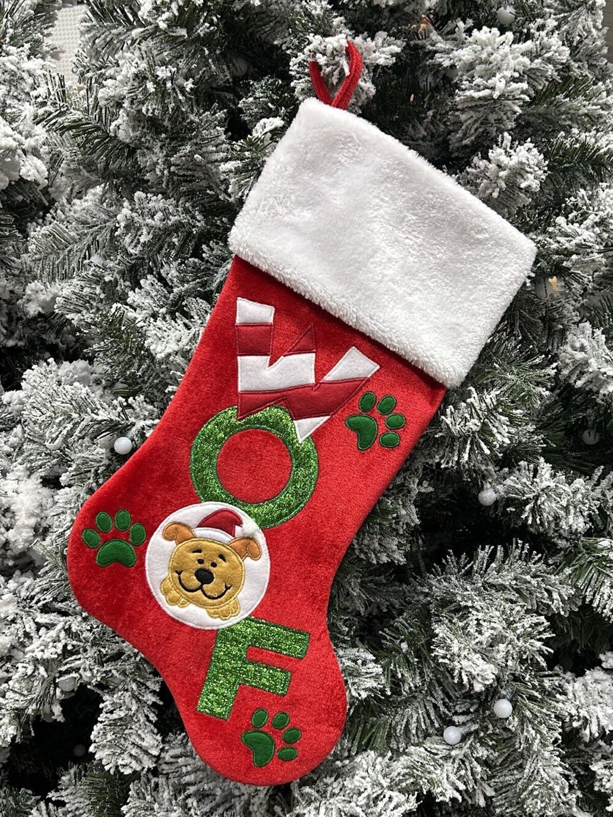 48cm Red Velvet WOOF, Paws & Puppy Embroidered Pet Stocking — image 2
