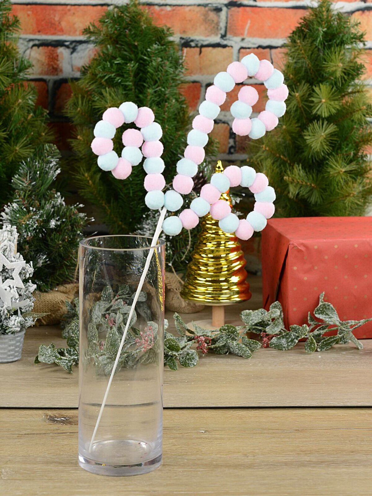 Baby Pink & Blue Pom Pom Ball Candy Canes Spray Long Christmas Stem | 49cm — image 2