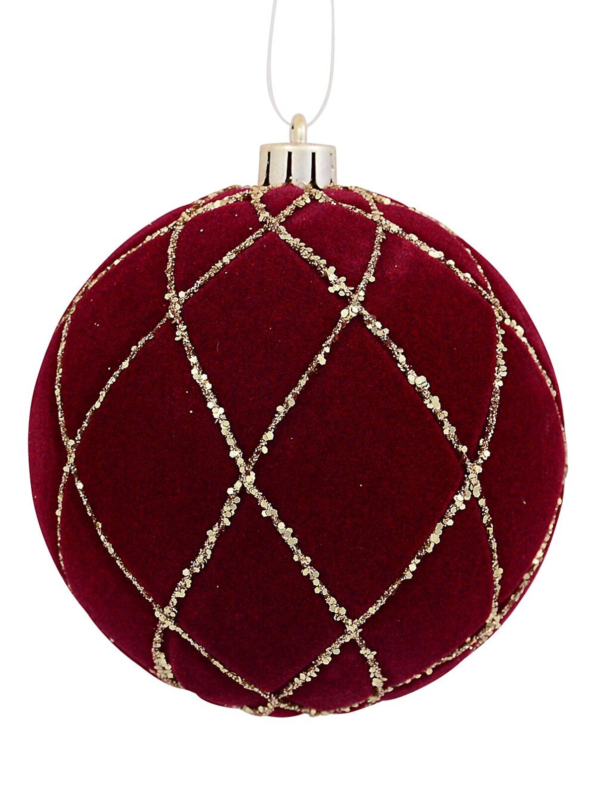 4x 10cm Burgundy Velvet Baubles With Diamond Pattern Gold Sequin Lines — image 3