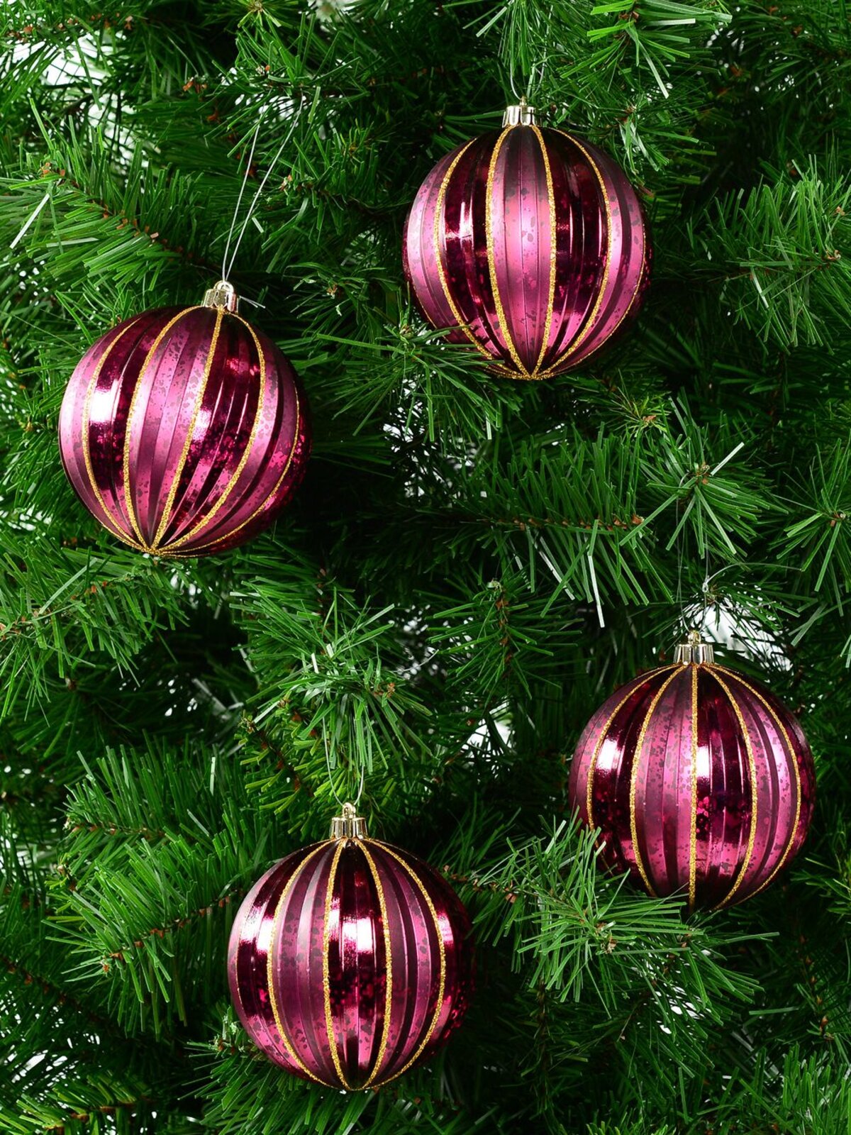 4x 10cm Matte & Shiny Burgundy Baubles With Antique Finish & Glitter Lines — image 2