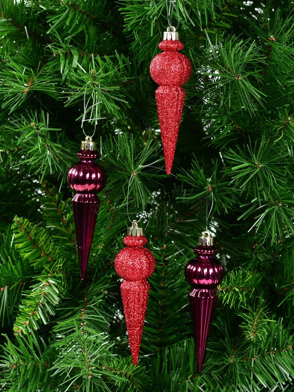 4x 15cm Shiny Burgundy & Red Glitter Christmas Finial Icicles — image 2