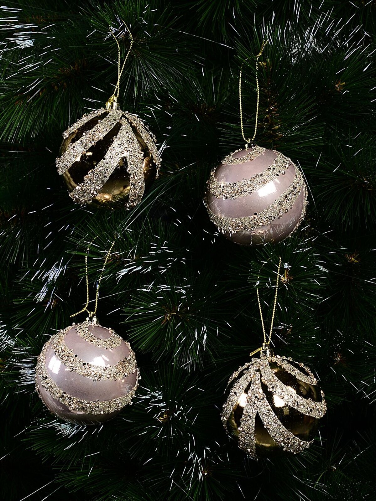 4x 80mm Pink & Gold Baubles With Sequin & Glitter Ribbon Bow Pattern — image 4