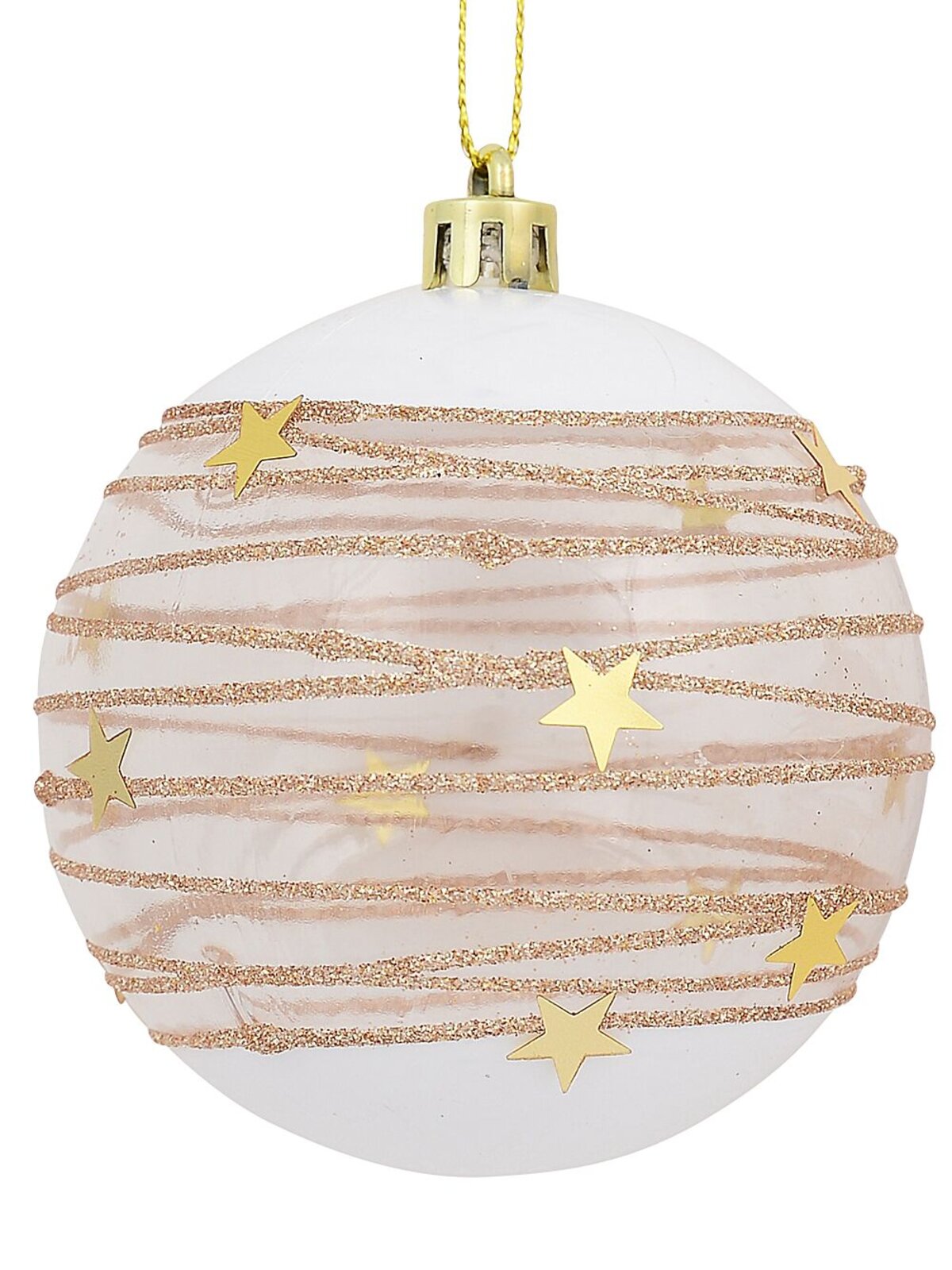 4x 80mm Taupe, White & Clear Baubles With Gold Stars & Glitter Lines — image 2