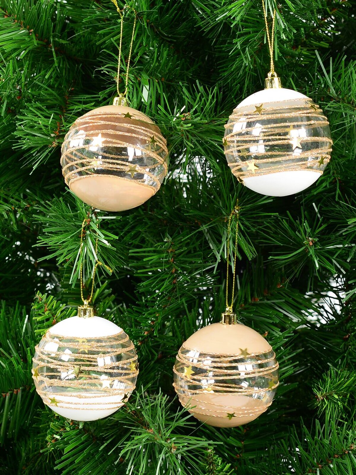 4x 80mm Taupe, White & Clear Baubles With Gold Stars & Glitter Lines — image 4