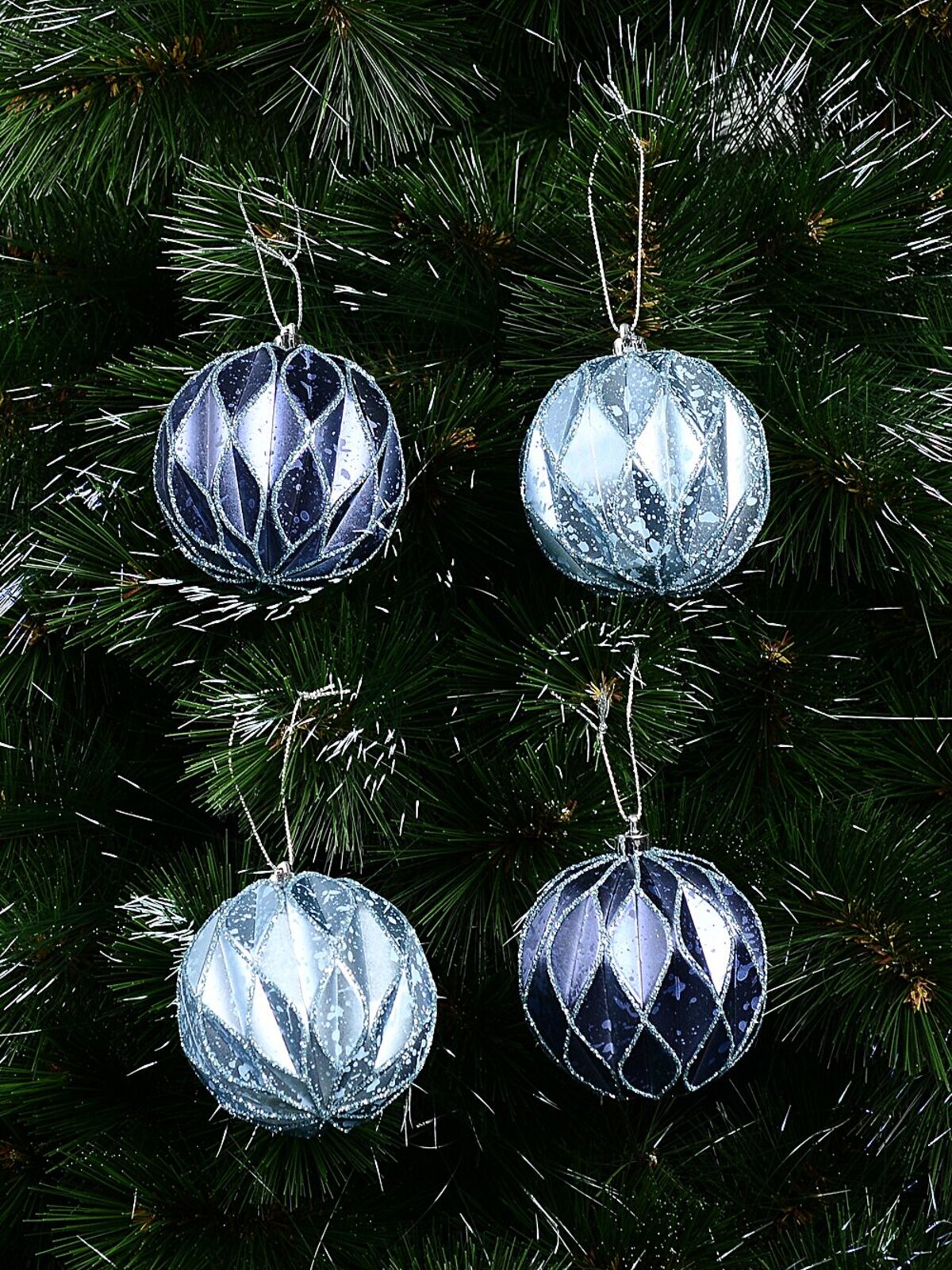 4x Dynamic Light & Dark Blue Statement Geometric Glitter Baubles | 80mm — image 2