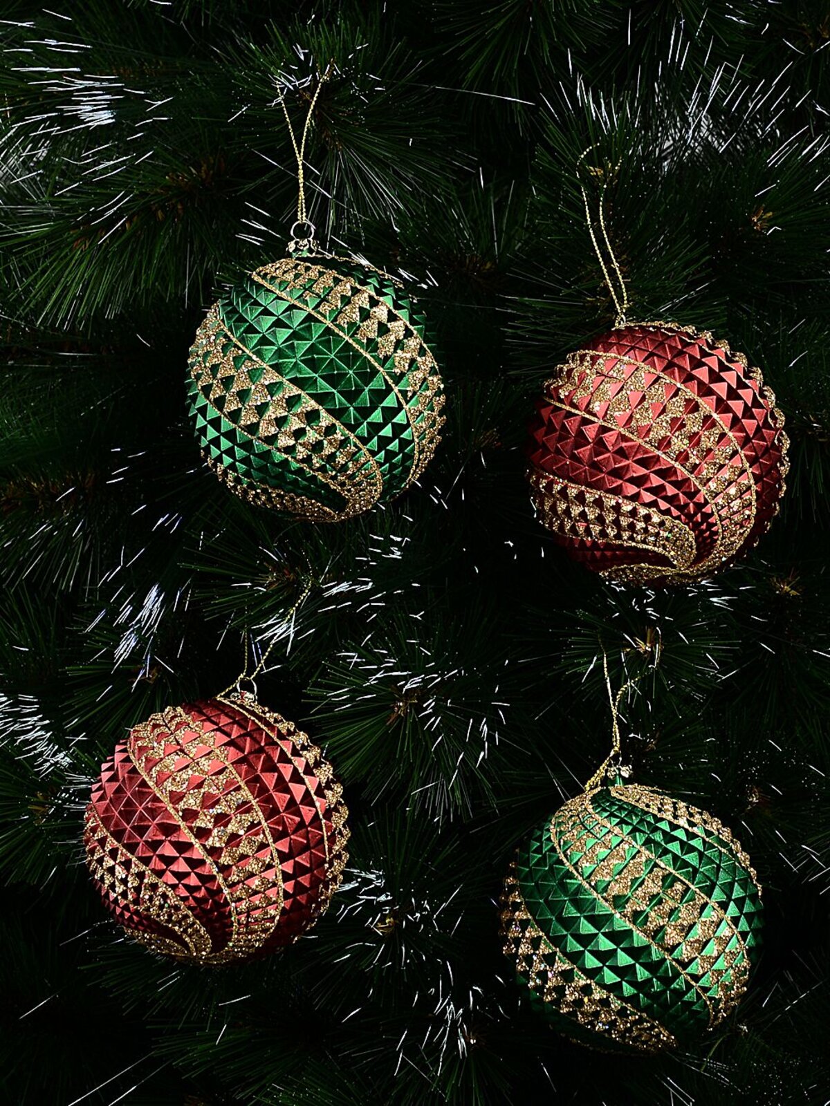 4x Dynamic Red & Green Signature Durian Gold Swirl Baubles | 10cm — image 2