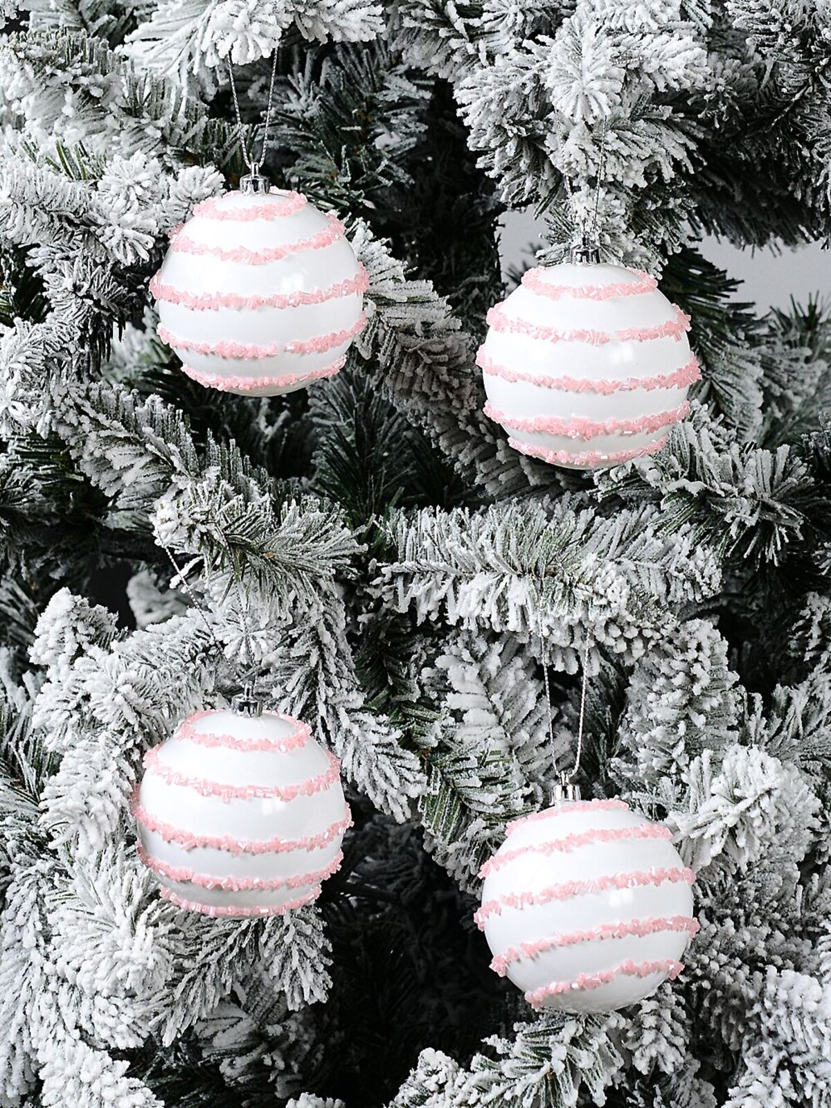 4x Dynamic White & Pink Statement Beaded Stripe Baubles | 80mm — image 2