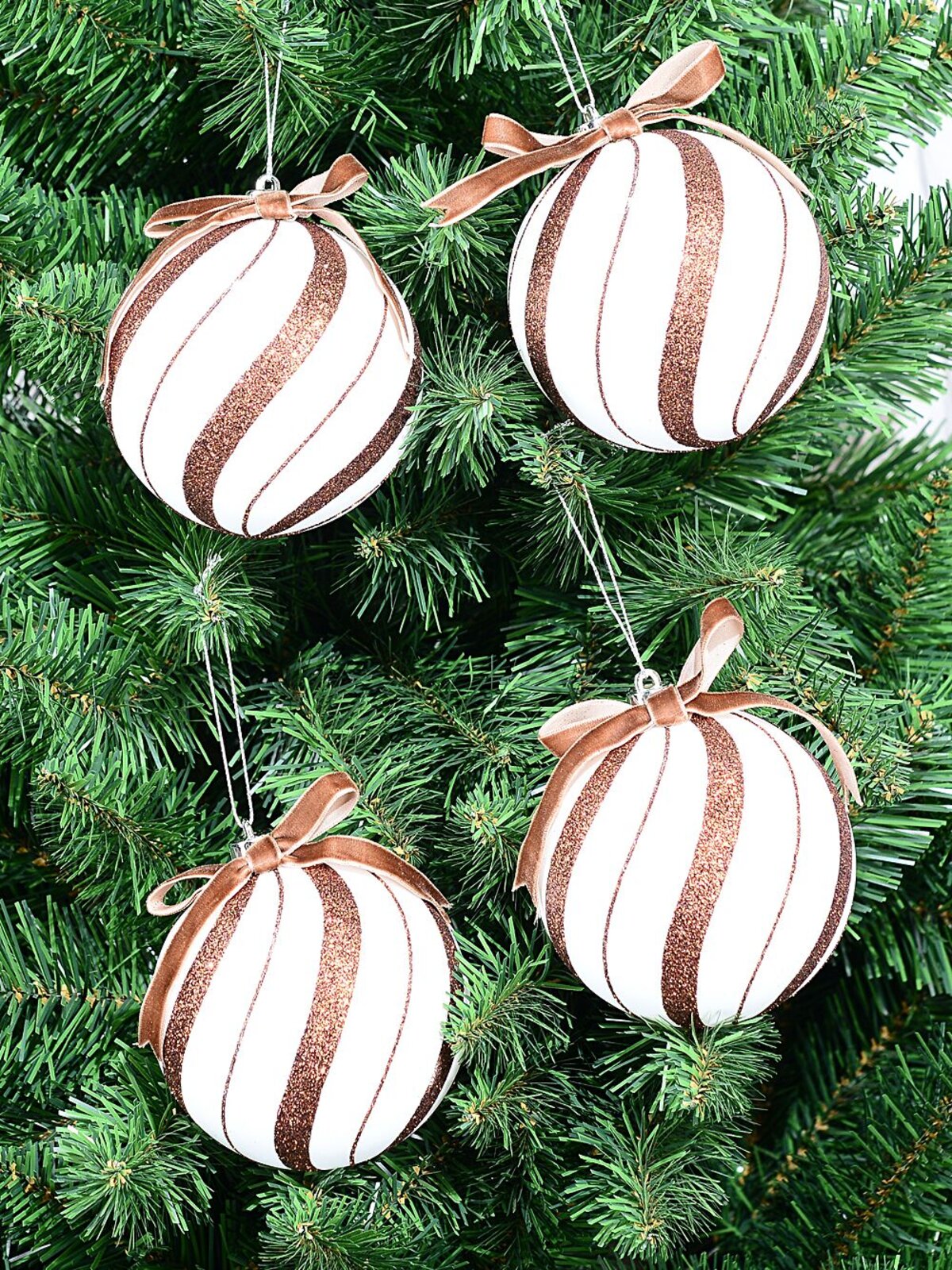 4x Whimsical White & Brown Signature Candy Swirl Baubles | 10cm — image 5