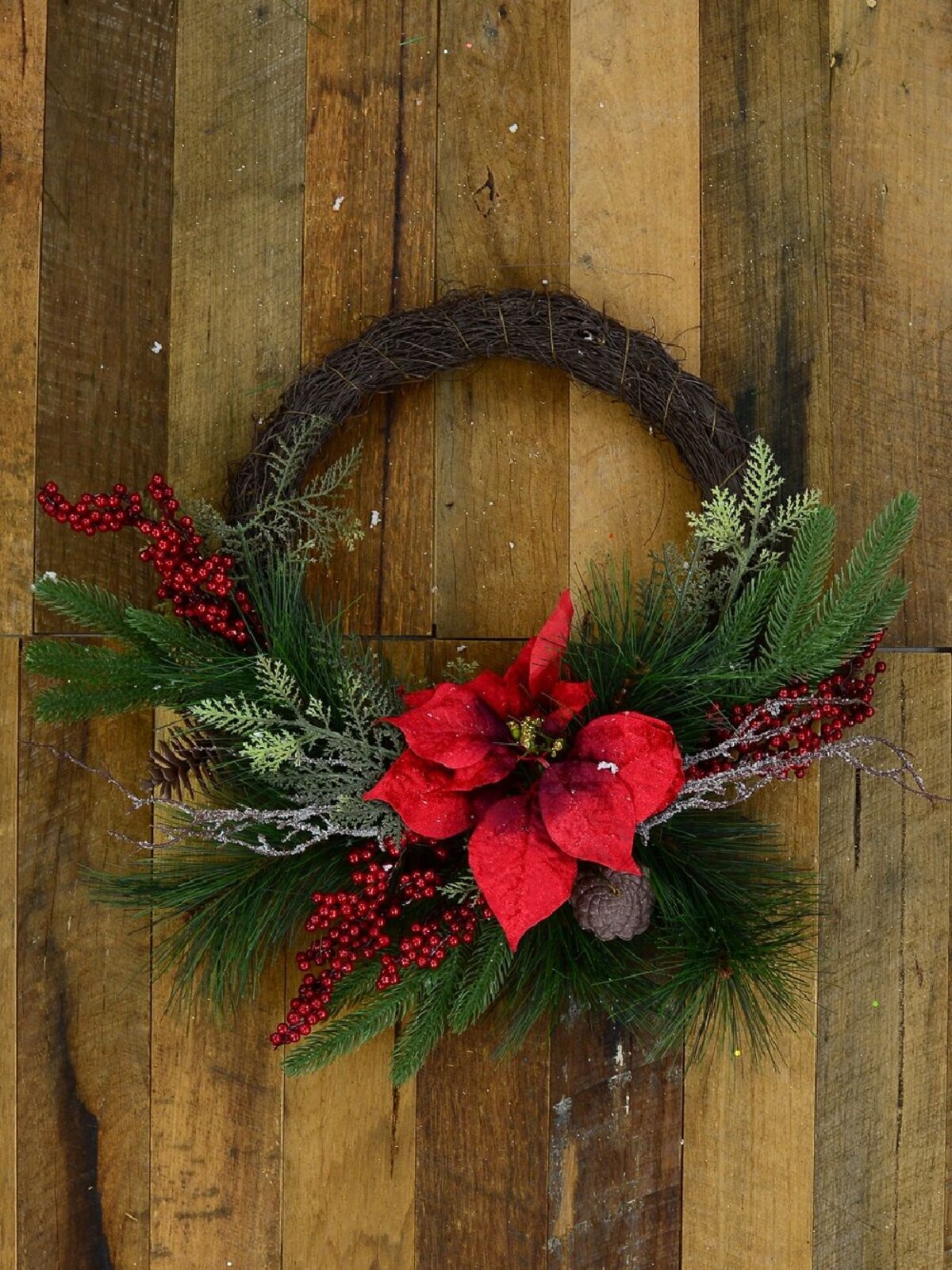 50cm Decorated Wire Spun Mixed Pine Wreath With Poinsettia, Berries & Foliage — image 2