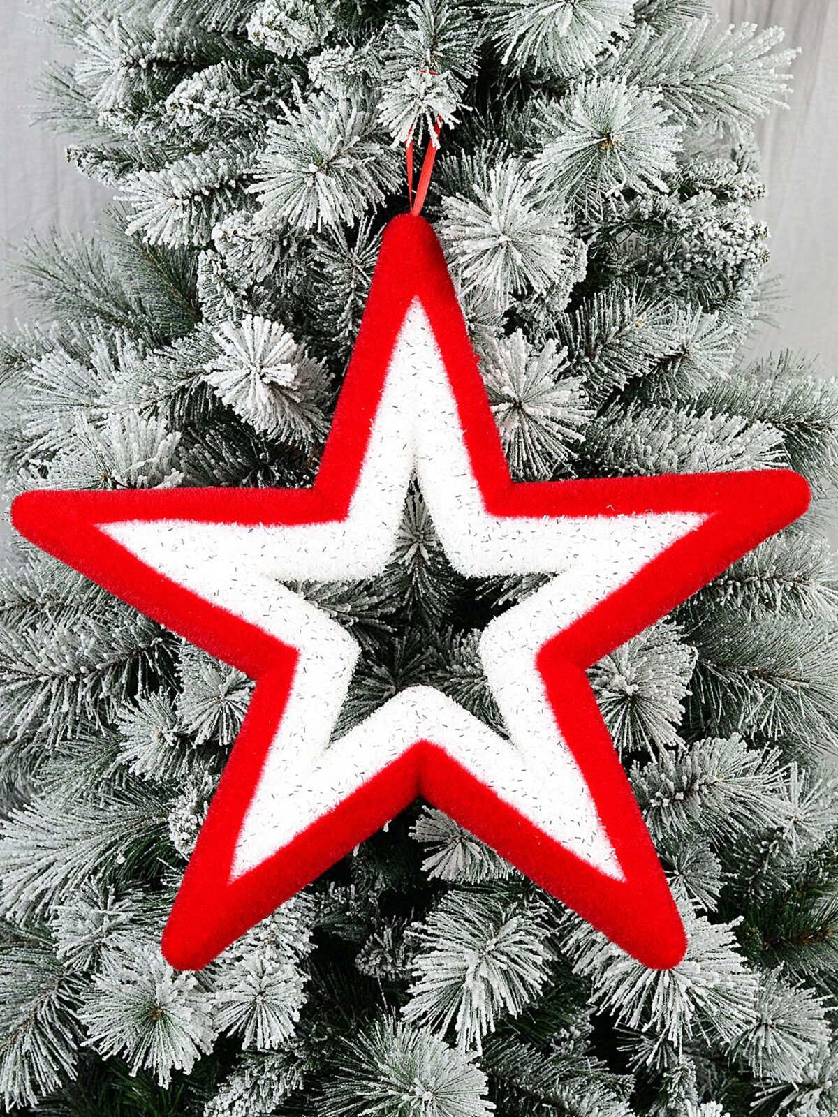 Red & White Flocked Large Hollow Star Tinsel Plaque Ornament | 50cm — image 5