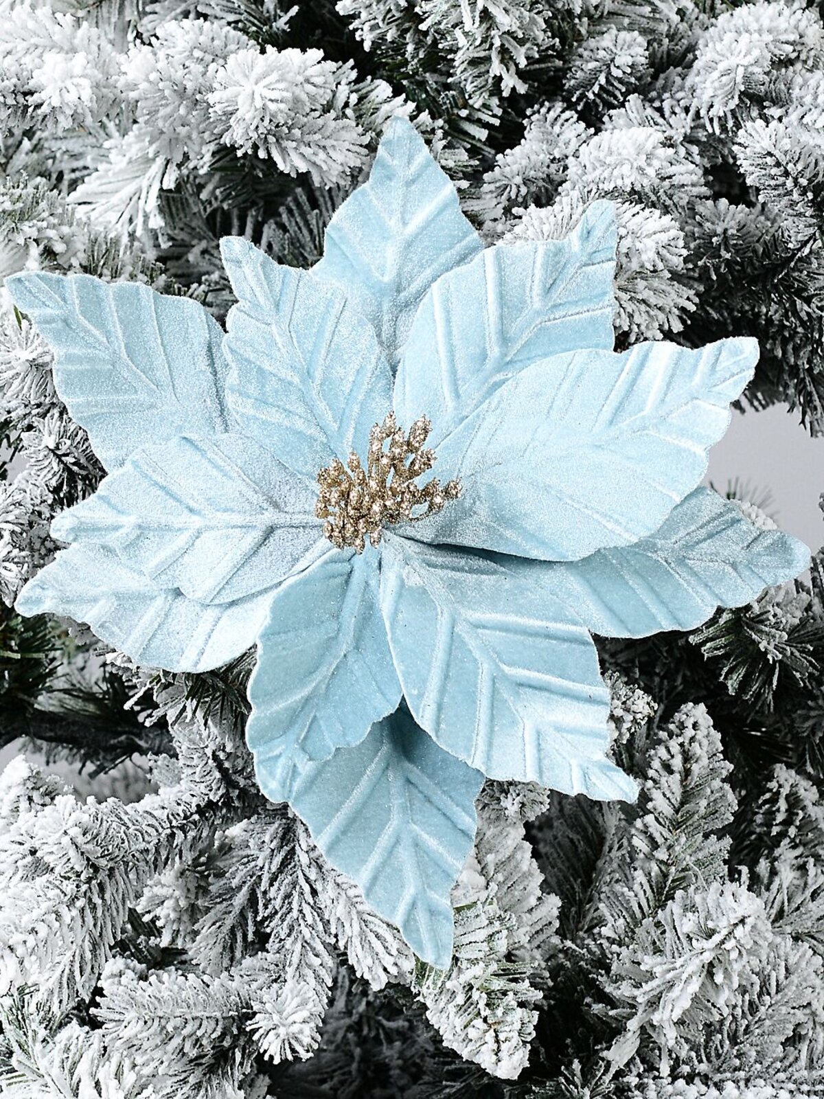 55cm Pale Blue Velvet Poinsettia Flower With Champagne Long Christmas Stem — image 2