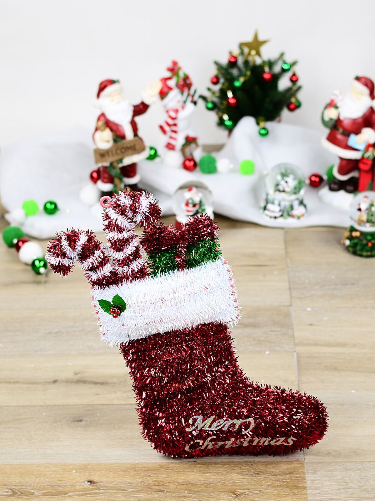 Red & White Stocking With Candy Canes & Gift Tinsel Plaque Ornament | 55cm — image 2