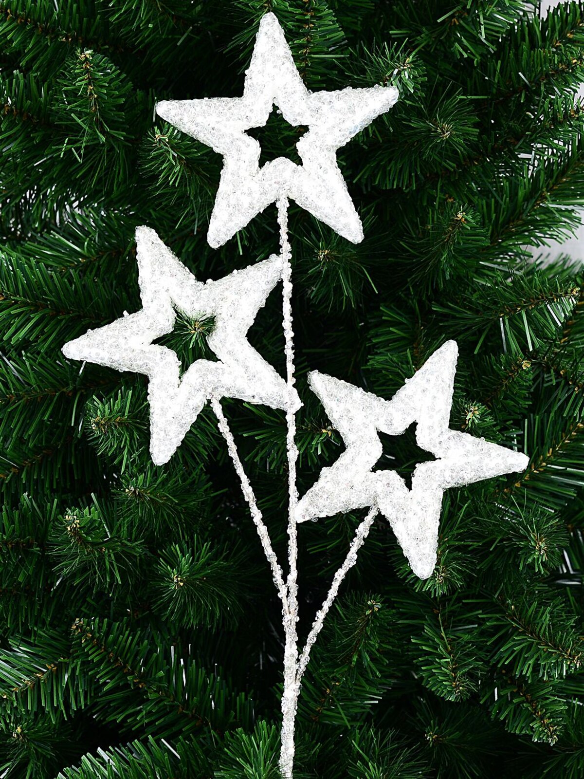 White Stars With Silver Glitter Spray Long Christmas Stem | 57cm — image 3