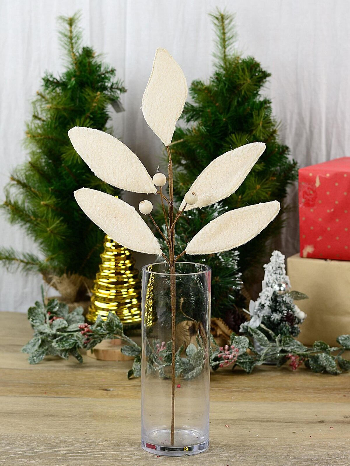 Cream Natural Wool Magnolia Leaf & Berry Spray Long Christmas Stem | 58cm — image 2