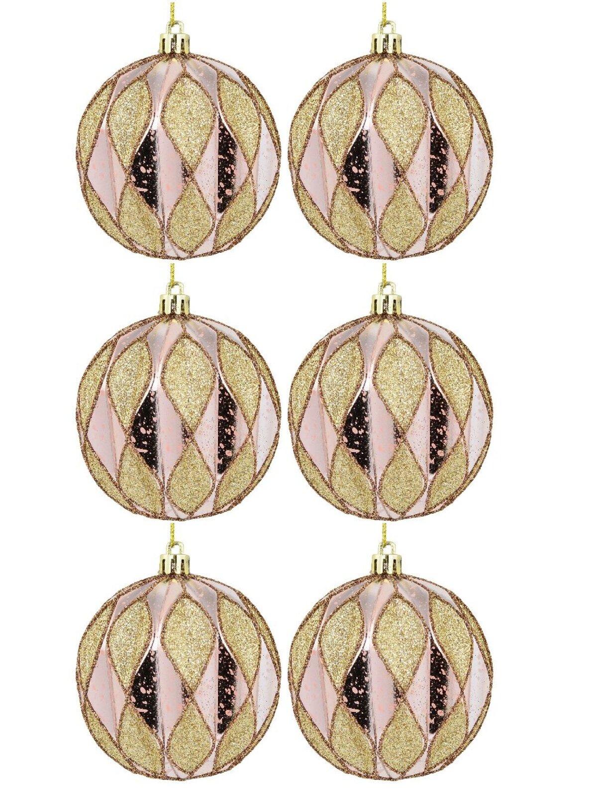 6 x 60cm Light Pink Christmas Baubles With Gold Geometric Textured Pattern — image 2