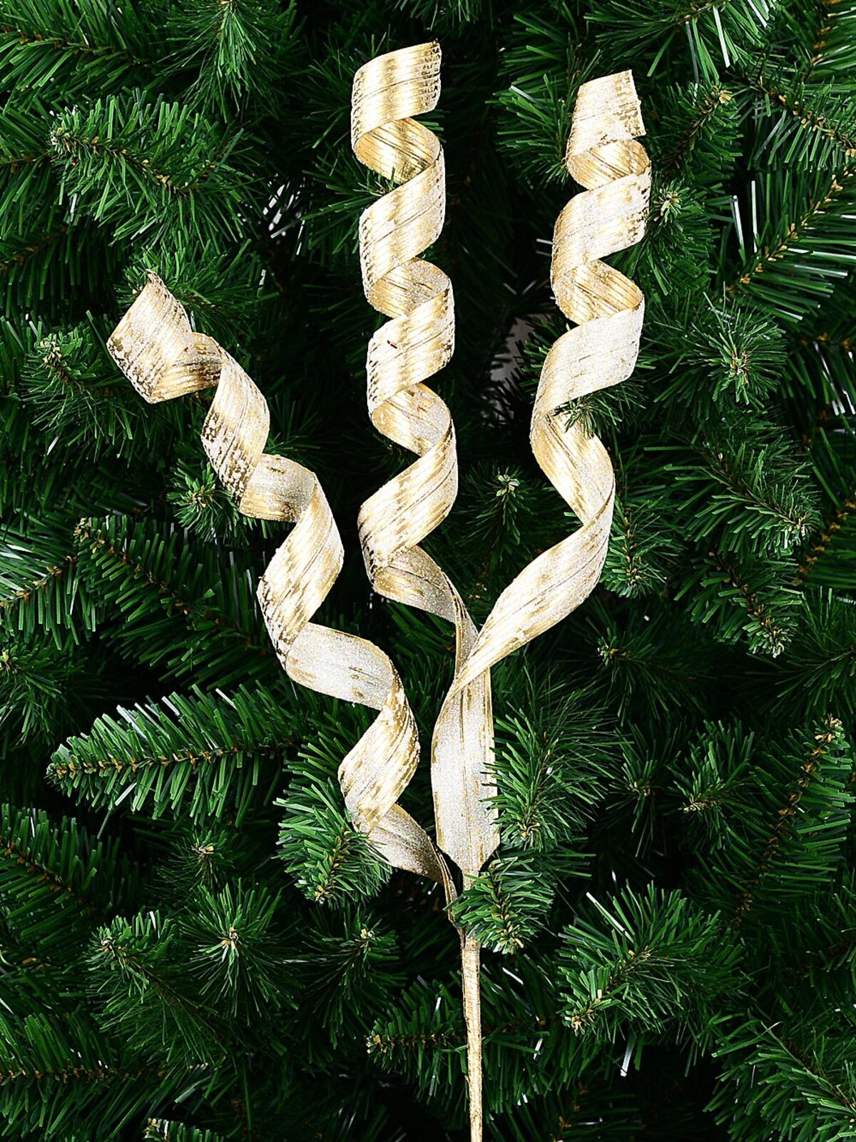 Gold Curly Ribbon Spray With Iridescent Glitter Long Christmas Stem | 62cm — image 3