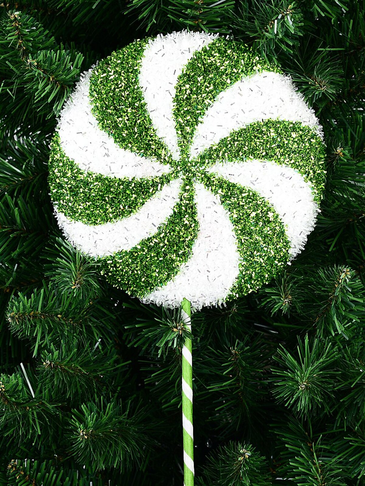 62cm Green & White Candy Swirl Tinsel Plaque Long Christmas Stem — image 3