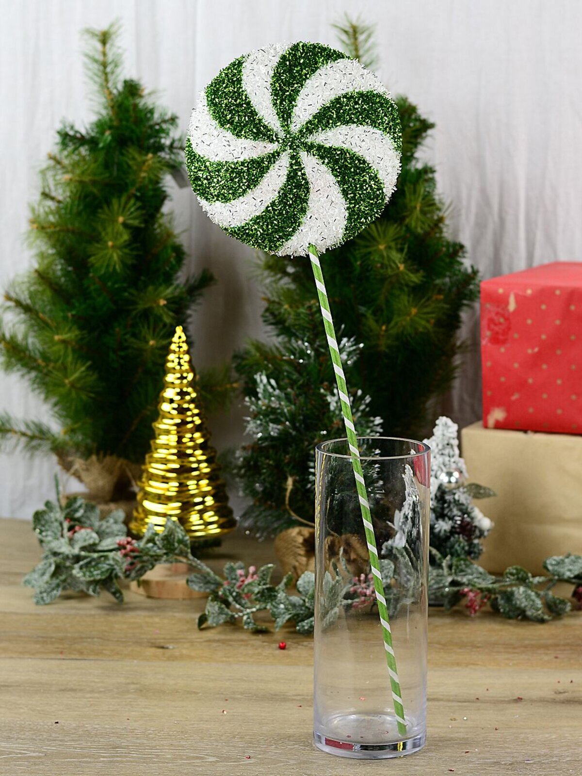 62cm Green & White Candy Swirl Tinsel Plaque Long Christmas Stem — image 2