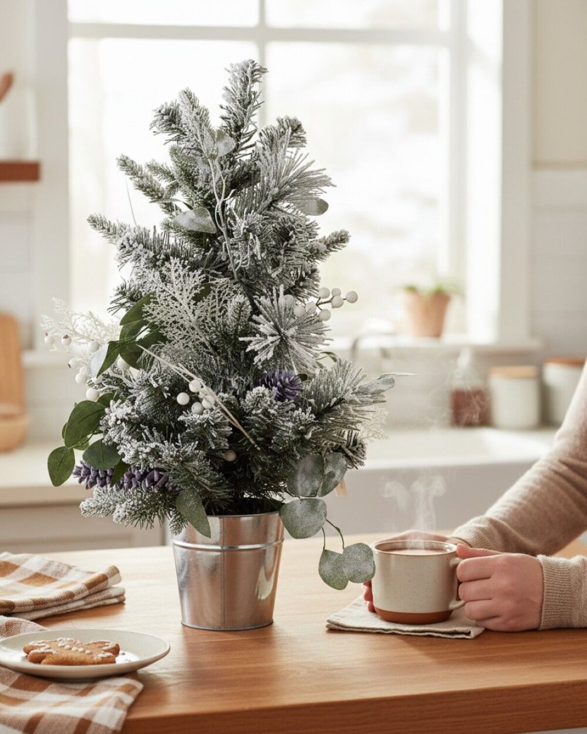 66cm Flocked Foliage Bouquet Tabletop Tree | 70 Tips & Silver Tin Pot — image 3