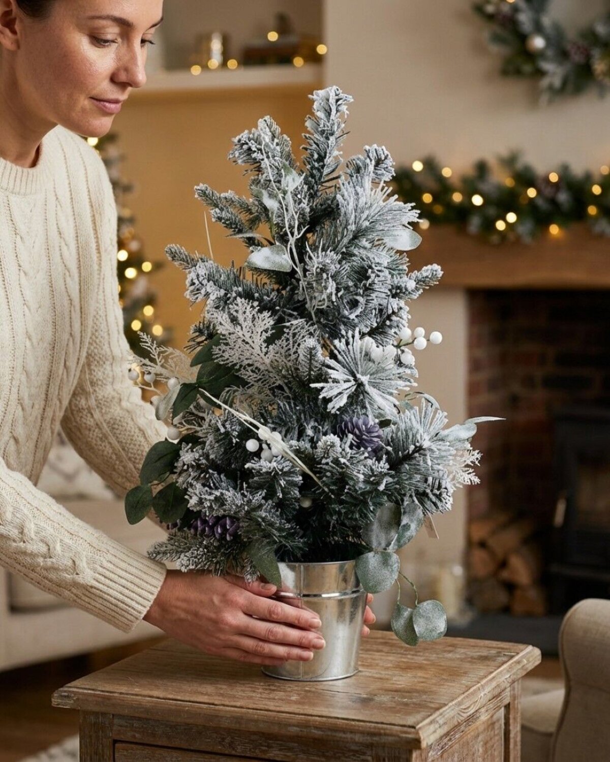66cm Flocked Foliage Bouquet Tabletop Tree | 70 Tips & Silver Tin Pot — image 4