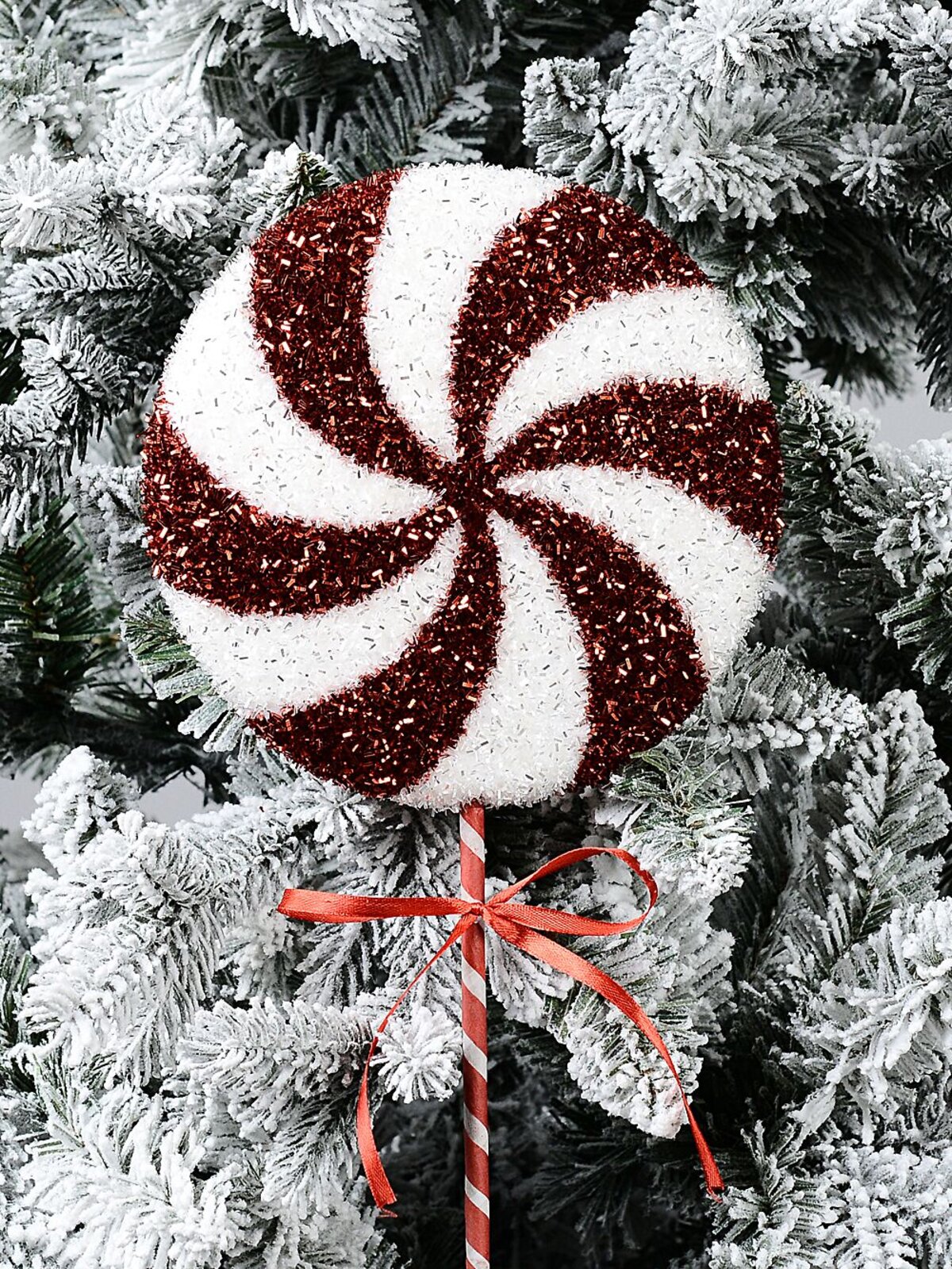 Red & White Candy Swirl Tinsel Plaque Long Christmas Stem | 66cm — image 2