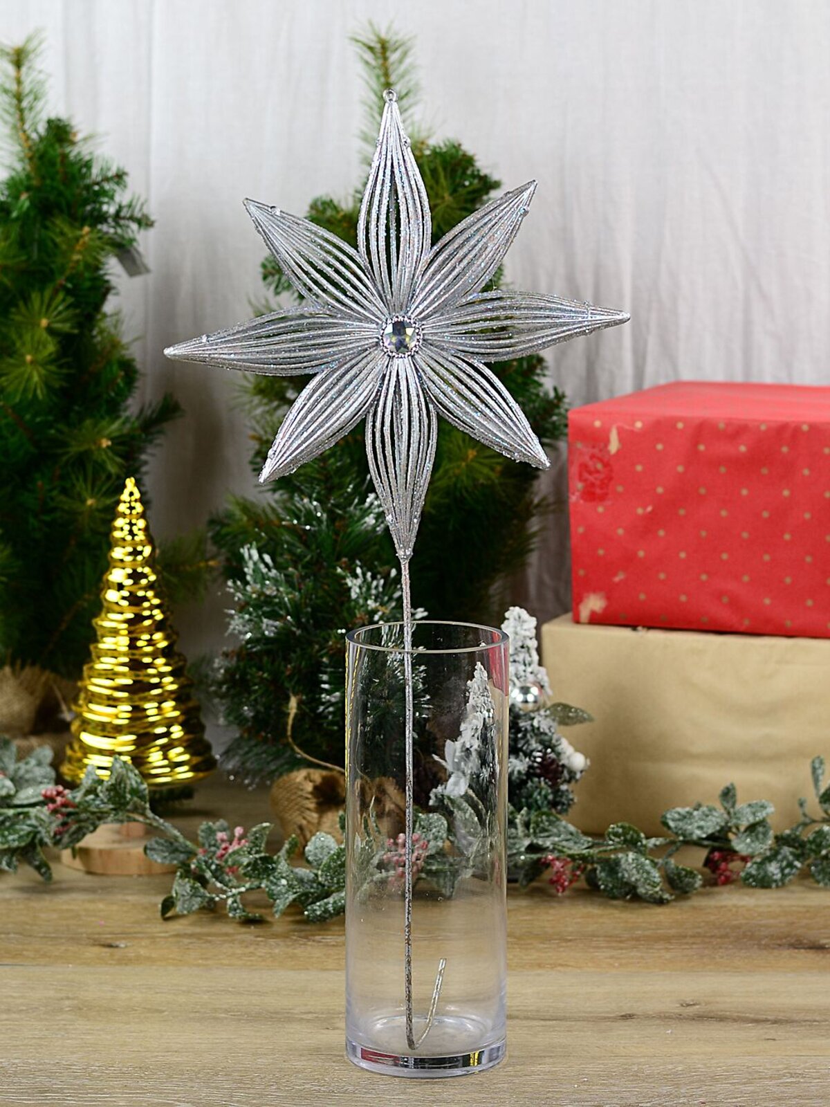 Matte Silver Wire Frame Look Christmas Star With Glitter Long Stem | 67cm — image 2