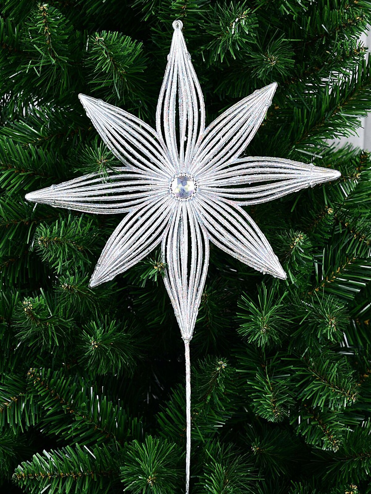 Matte Silver Wire Frame Look Christmas Star With Glitter Long Stem | 67cm — image 3