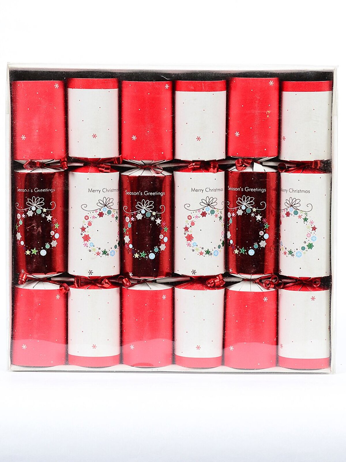 6x 29cm Shiny Red & White With Text & Wreath Christmas Cracker Bon Bons — image 2