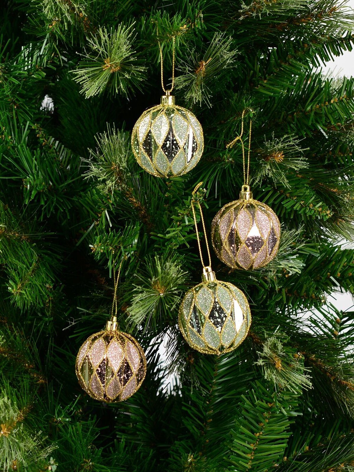 6x 60mm Light Pink & Green Geometric Shiny & Glitter Christmas Baubles — image 2