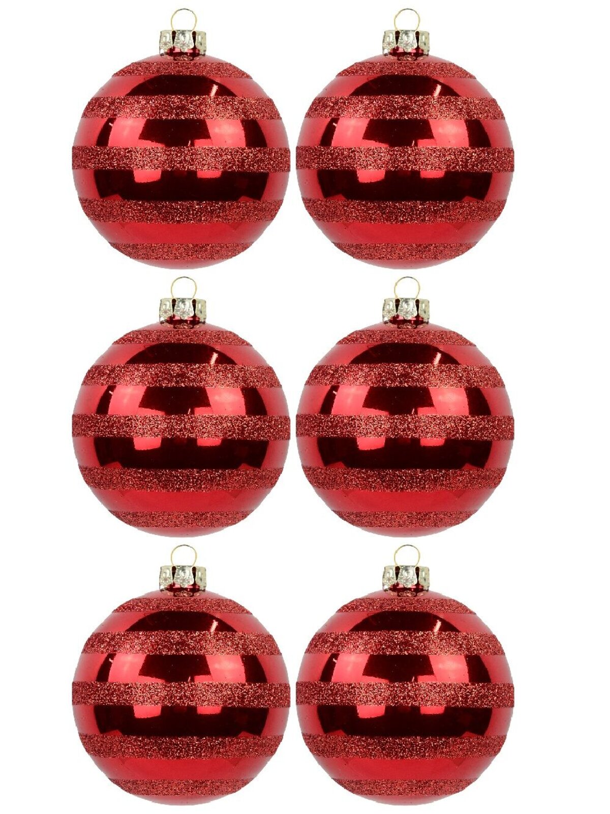 6x 70mm Festive Red Gloss Christmas Baubles With Glitter Stripes — image 2