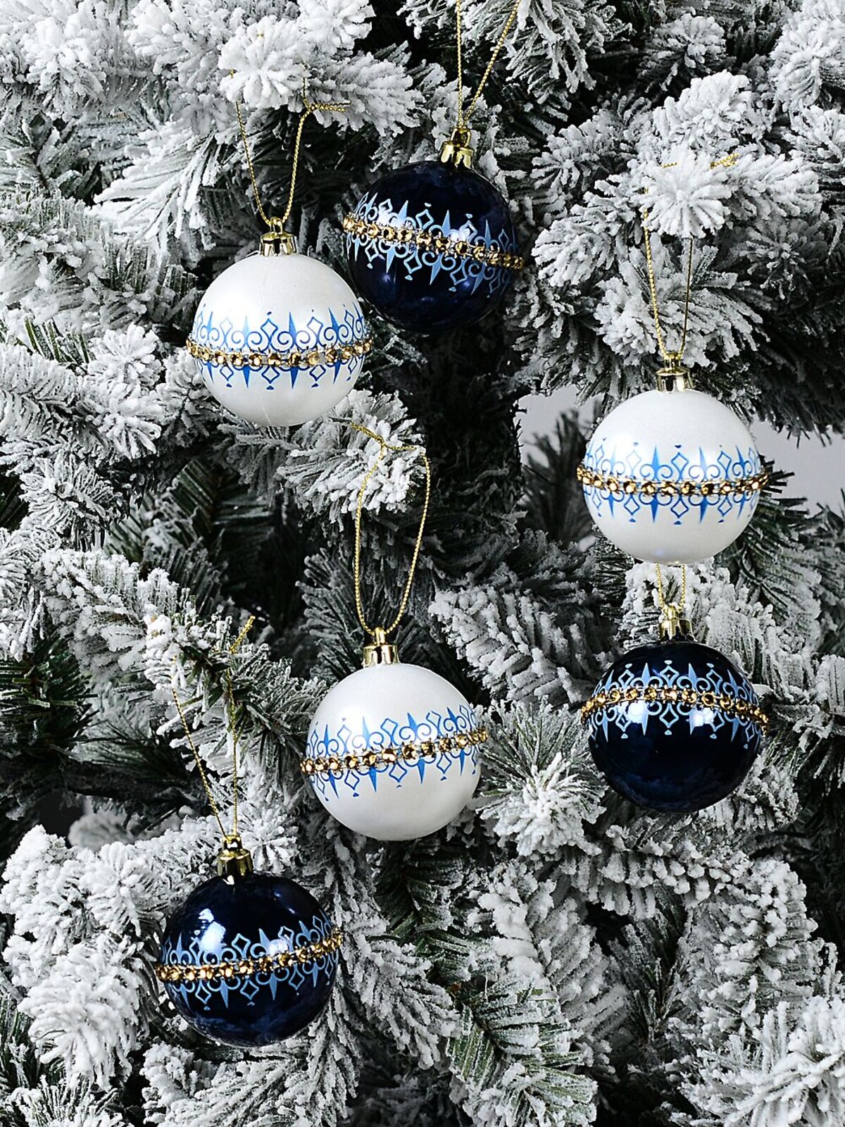 6x Opulent Blue & White Essential Fleur De Lis Diamante Baubles | 60mm — image 2