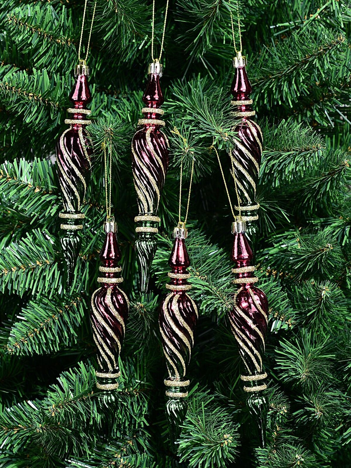 6x Red & Green Lustrous Signature Textured Icicle Finial Drop | 18cm — image 2