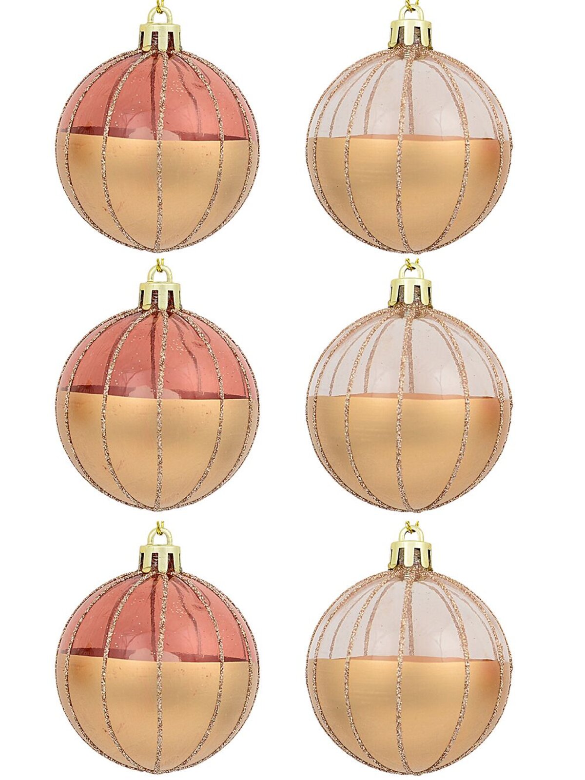 6x Timeless Gold Rose Gold & Clear Essential Glitter Striped Ball Bauble | 60mm — image 3