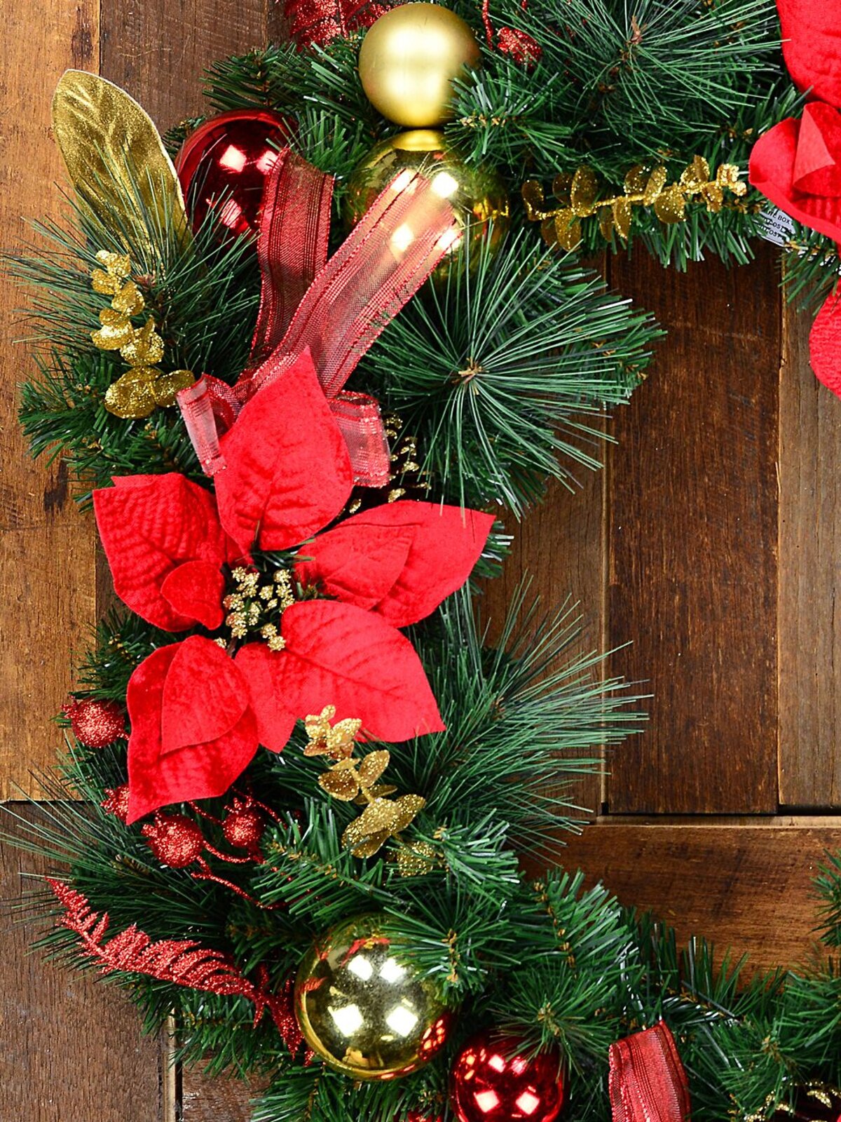 70cm Decorated Wreath With Red & Gold Poinsettias, Baubles, Bows & Foliage — image 3