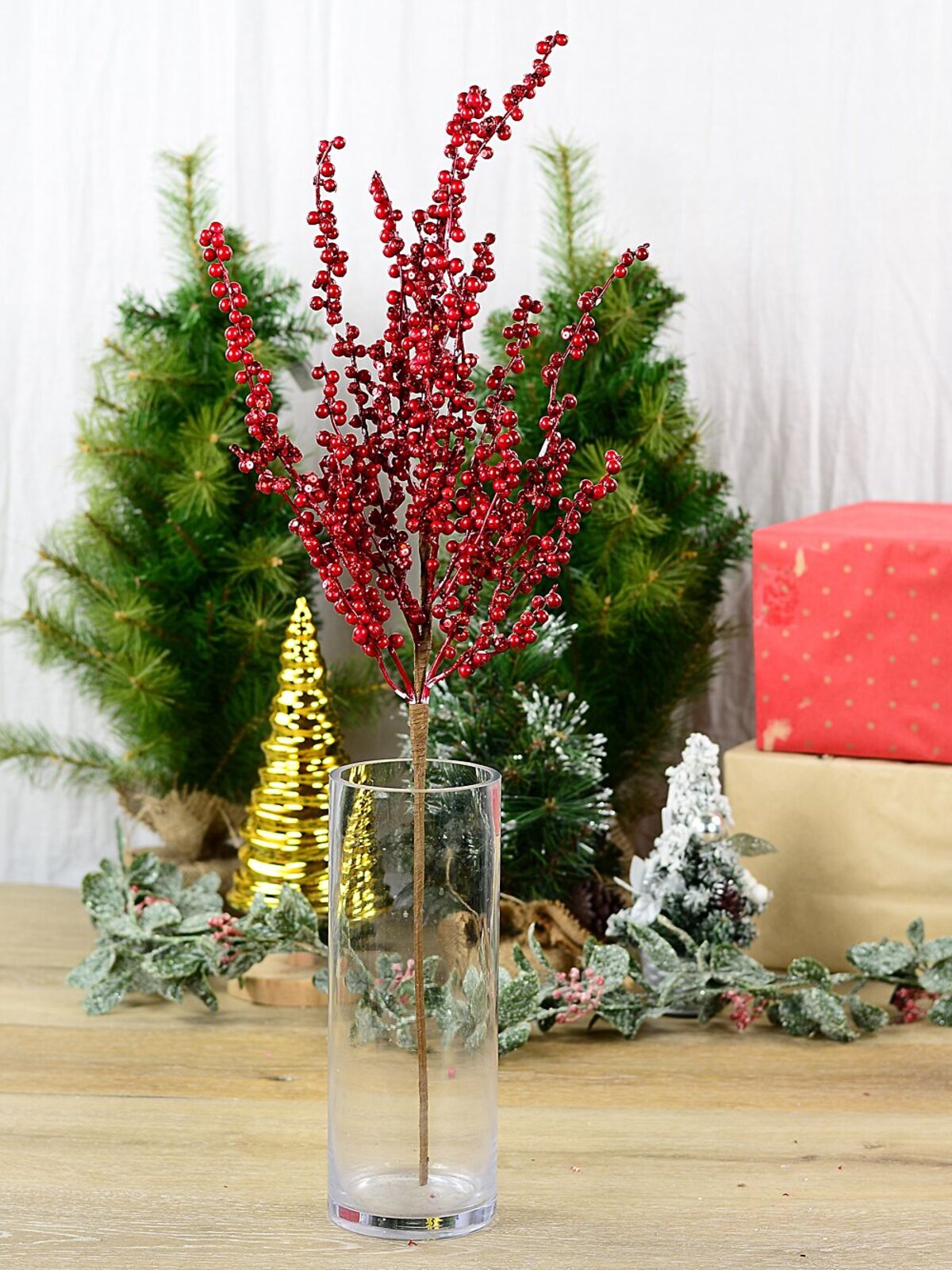 Deep Red Berry Spray With Sequins Long Christmas Stem | 70cm — image 2
