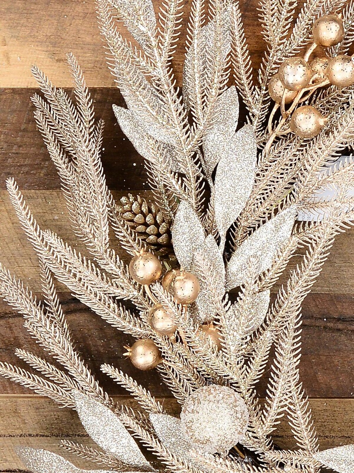 70cm Rose Gold & Champagne Wreath With Mixed Foliage & Baubles — image 3