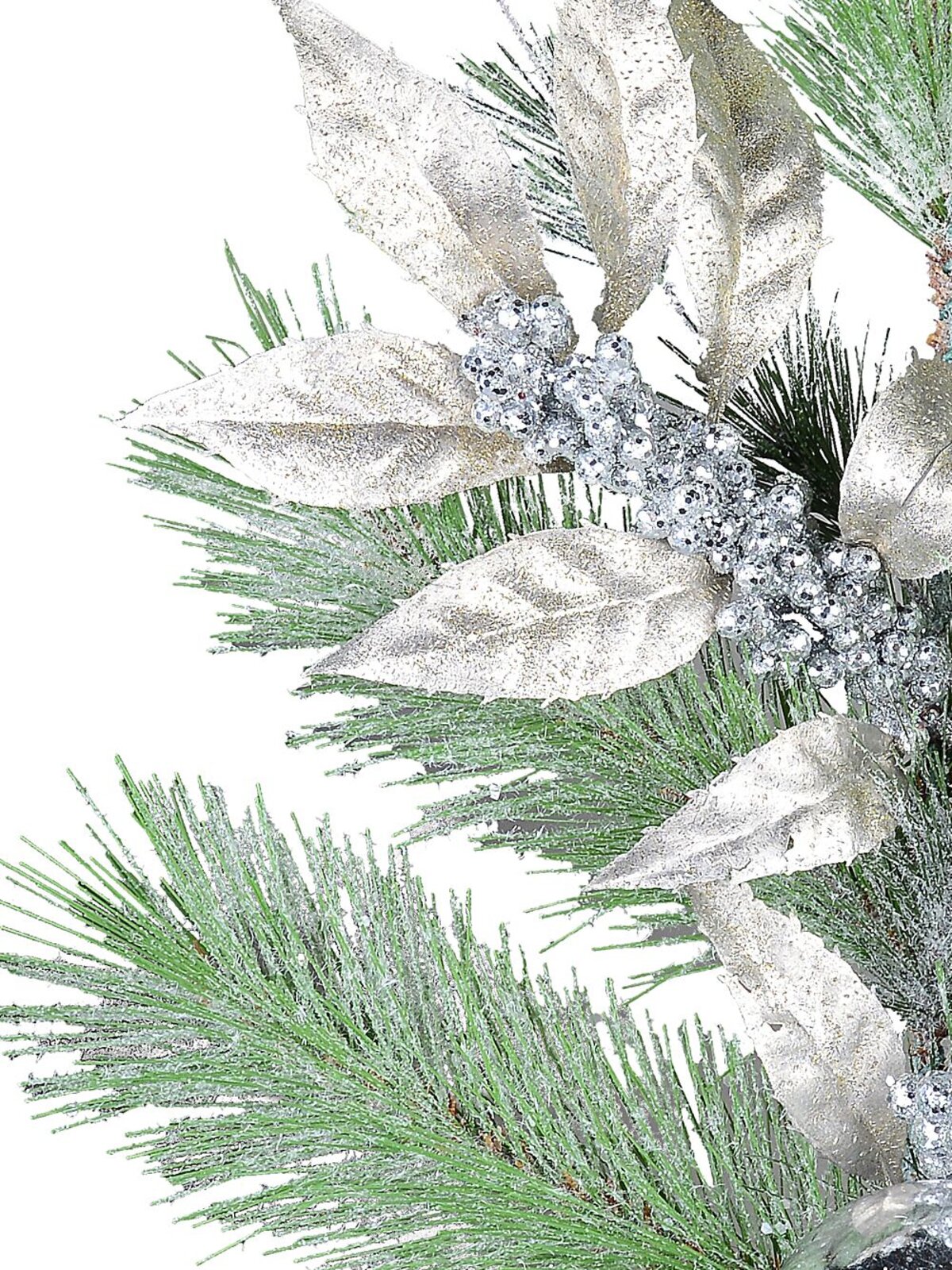 70cm Silver Berries, Glittered Leaves & Baubles Long Pine Christmas Stem — image 3