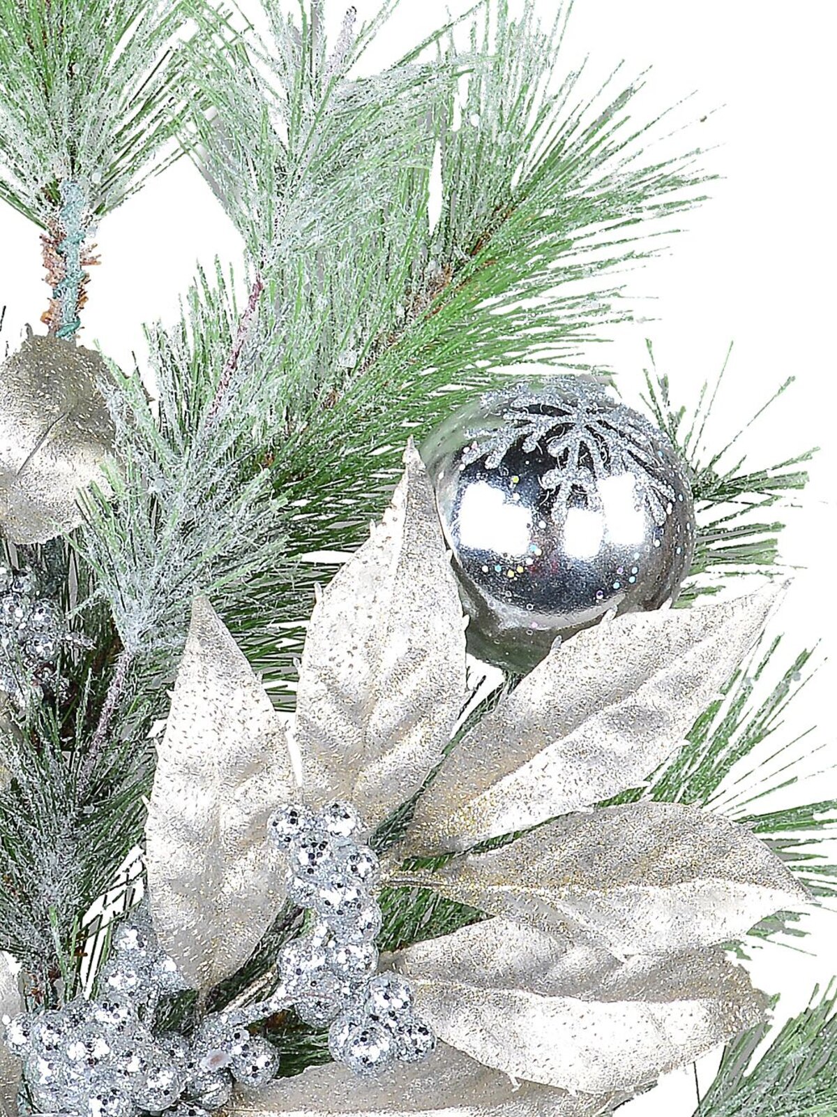 70cm Silver Berries, Glittered Leaves & Baubles Long Pine Christmas Stem — image 5