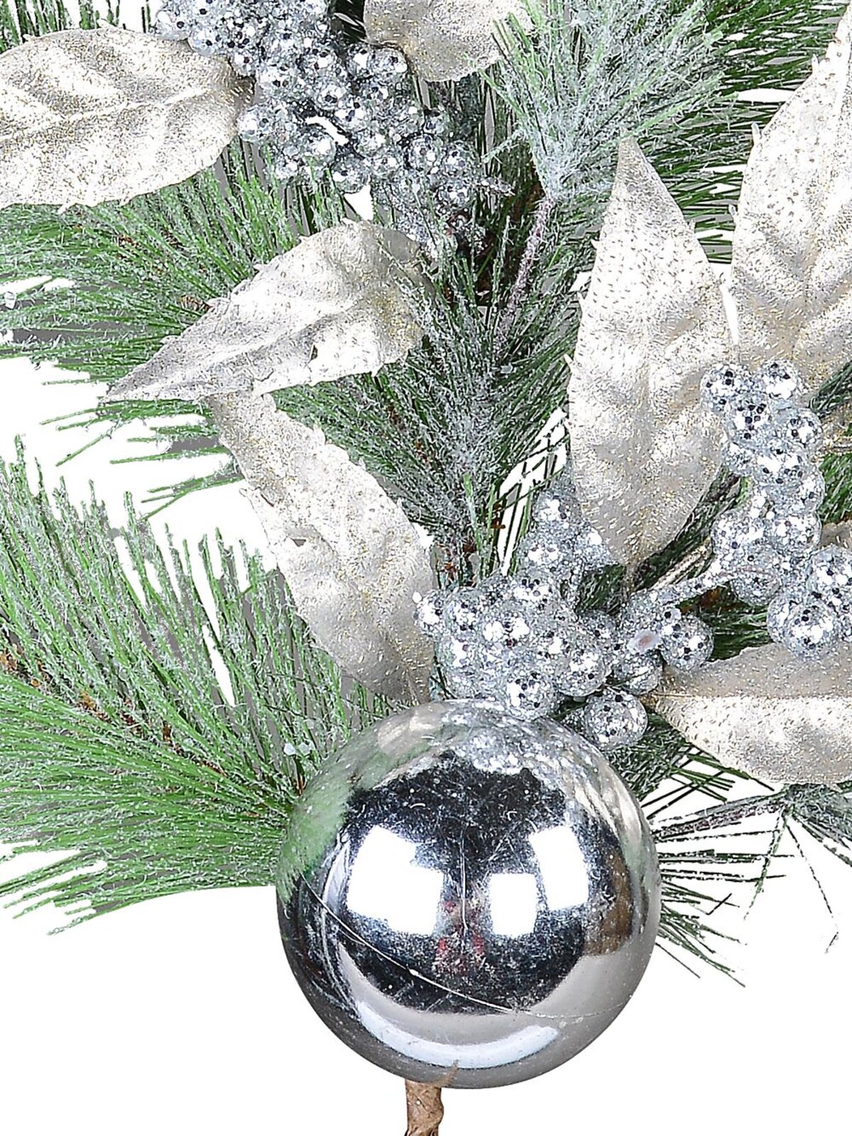 70cm Silver Berries, Glittered Leaves & Baubles Long Pine Christmas Stem — image 4