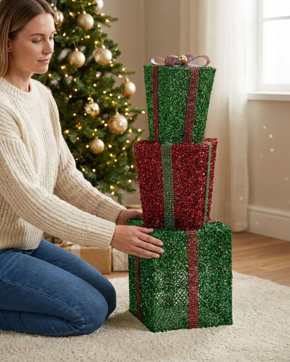Tiered Green & Red Layered Tinsel Gift Boxes Large Display Decoration | 70cm — image 3