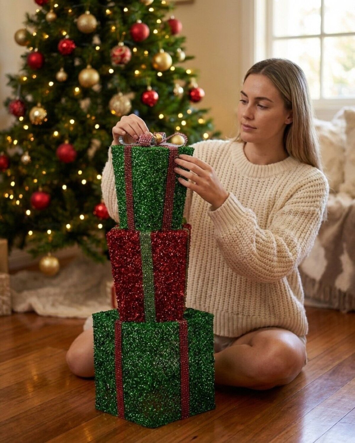 Tiered Green & Red Layered Tinsel Gift Boxes Large Display Decoration | 70cm — image 5