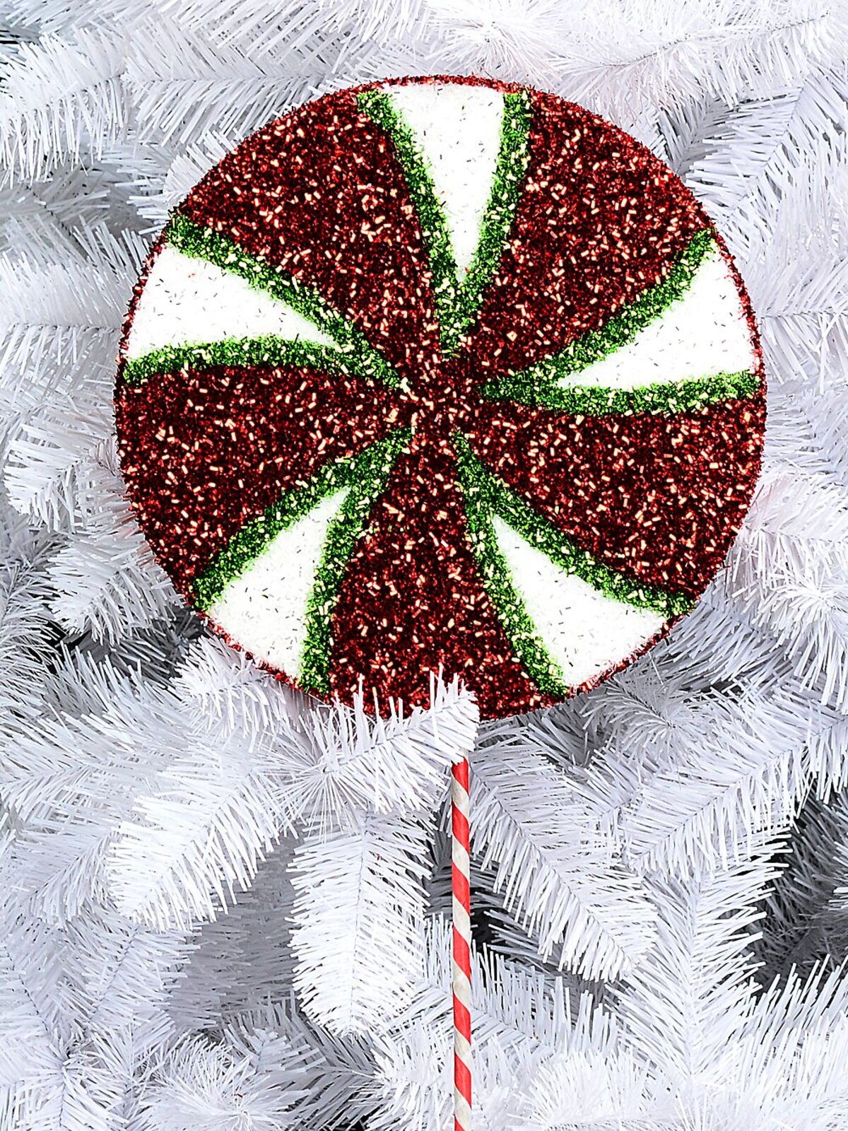 Red White & Green Peppermint Spiral Tinsel Plaque Long Christmas Stem | 71cm — image 2