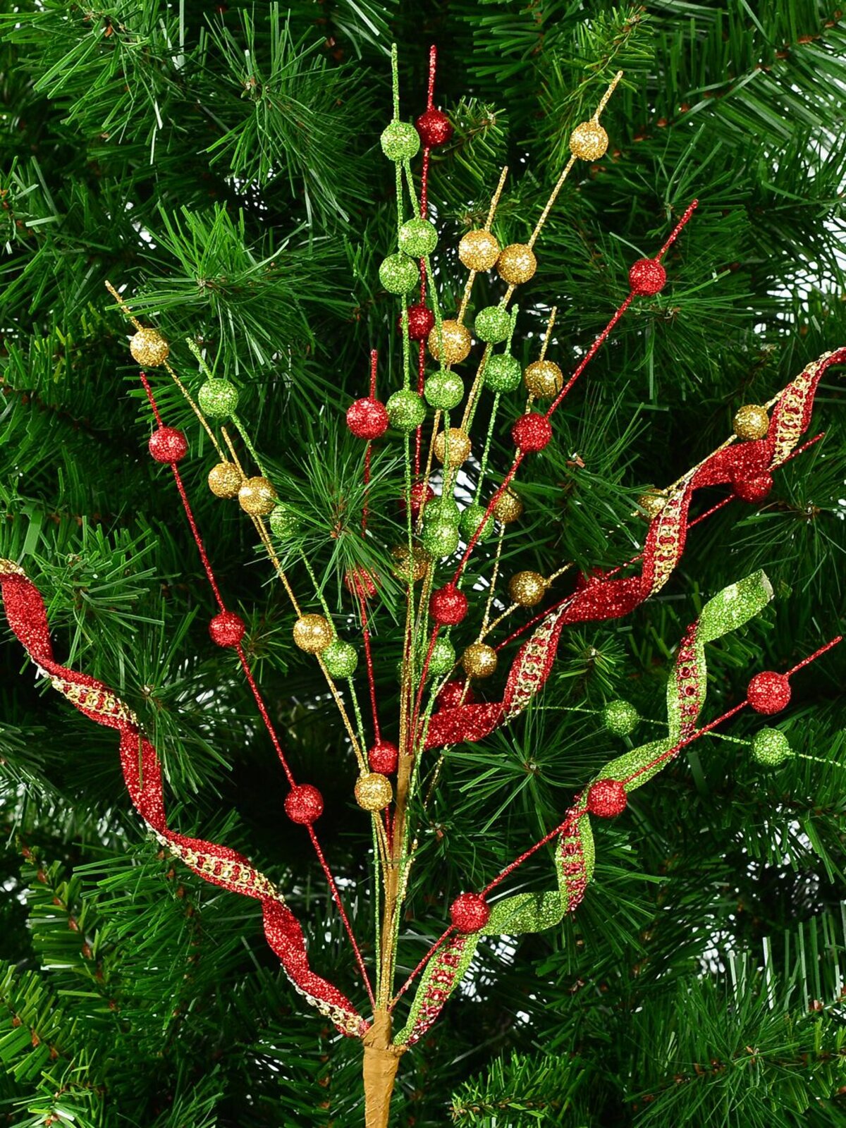 Red Green & Gold Glitter Balls & Curls Long Christmas Stem | 72cm — image 2