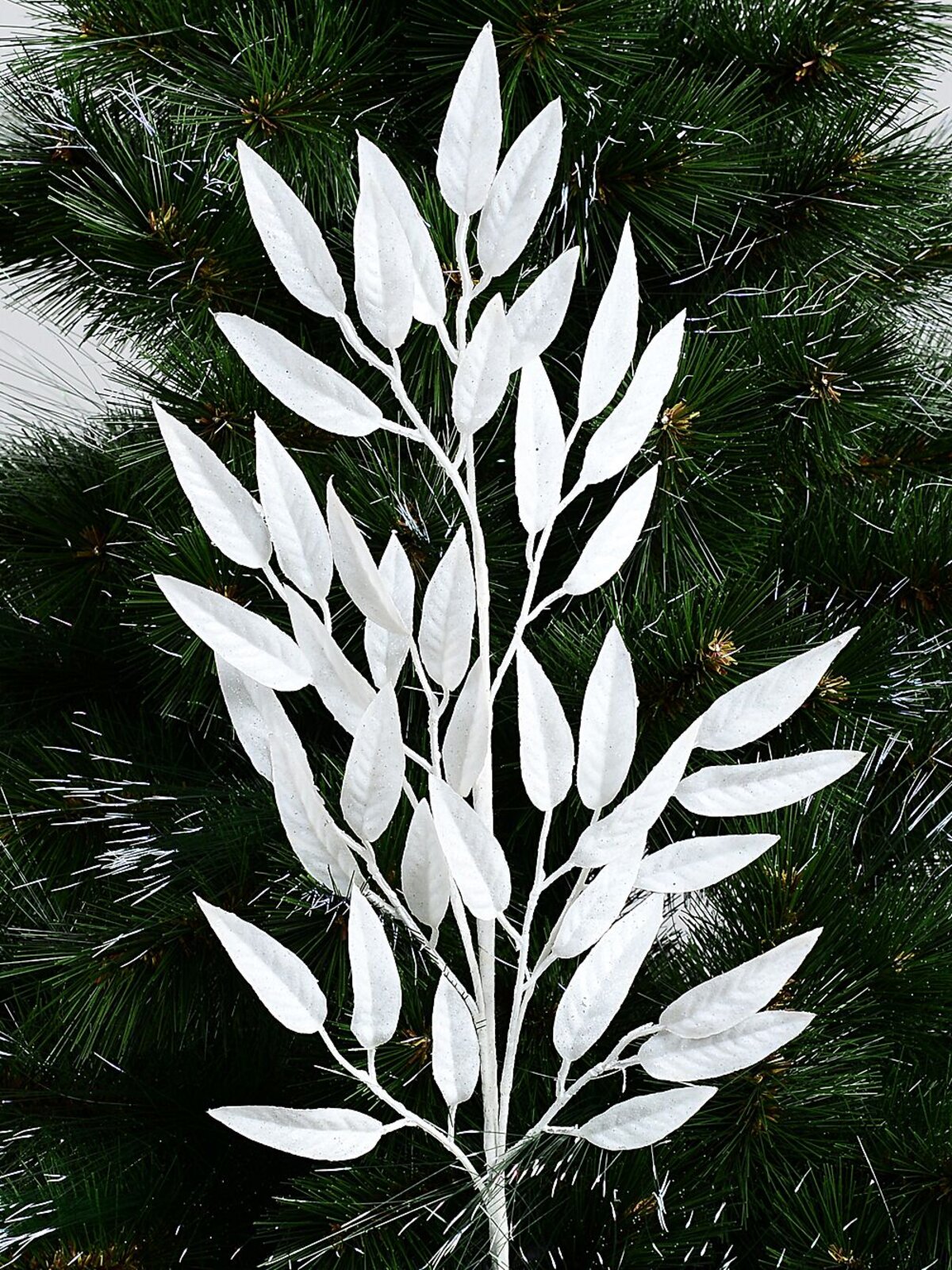 White With Silver Glitter Gum Leaf Look Spray Long Christmas Stem | 76cm — image 2