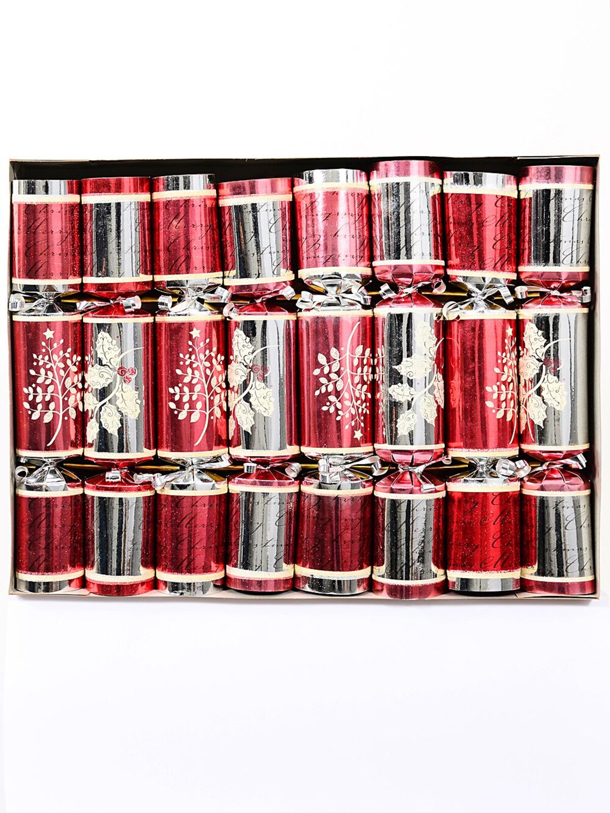 8 x 30cm Shiny Silver & Red With Holly Vine & Pick Pattern Christmas Bon Bons — image 2